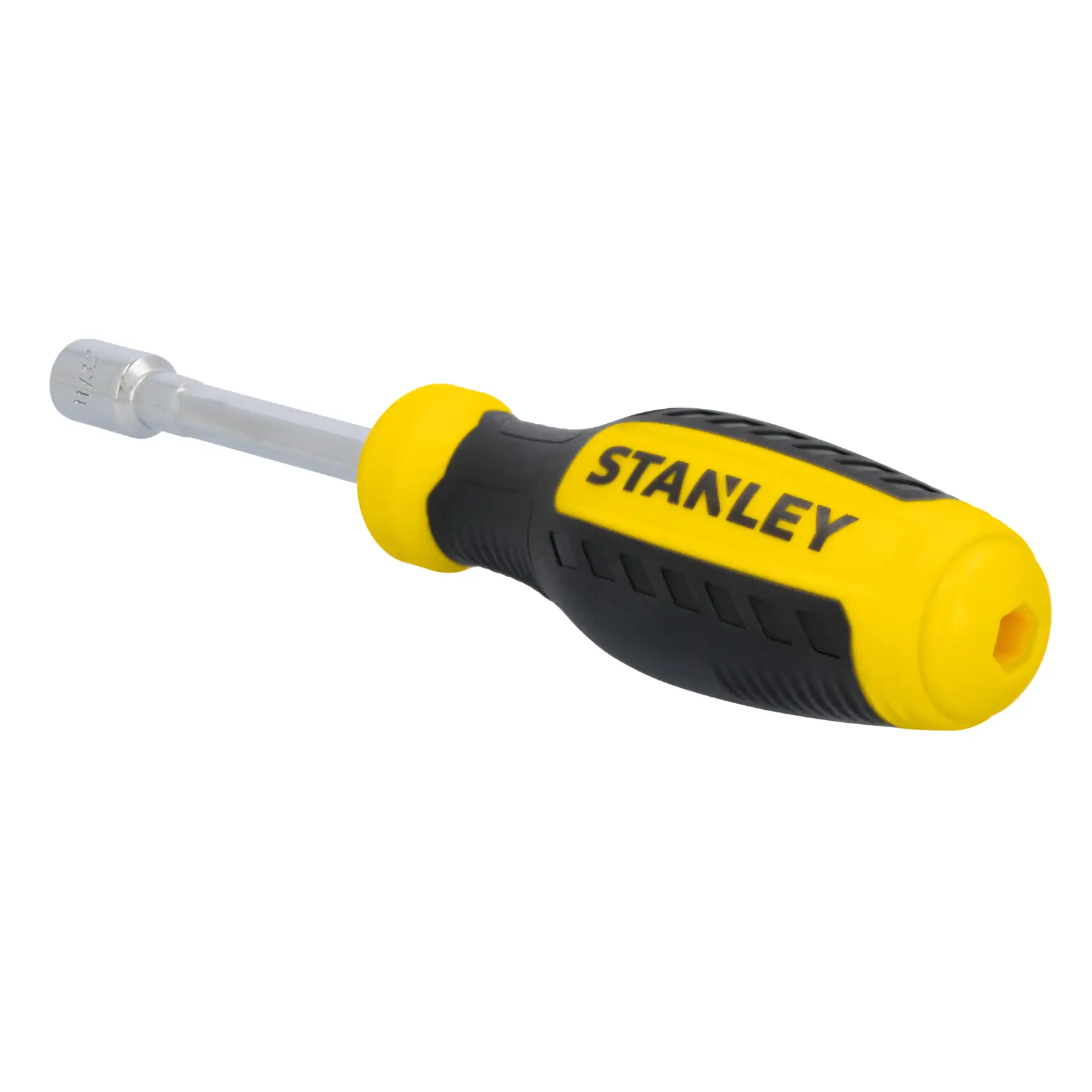 STANLEY STHT60823 nut driver tool, black and yellow handle, angled on white background.