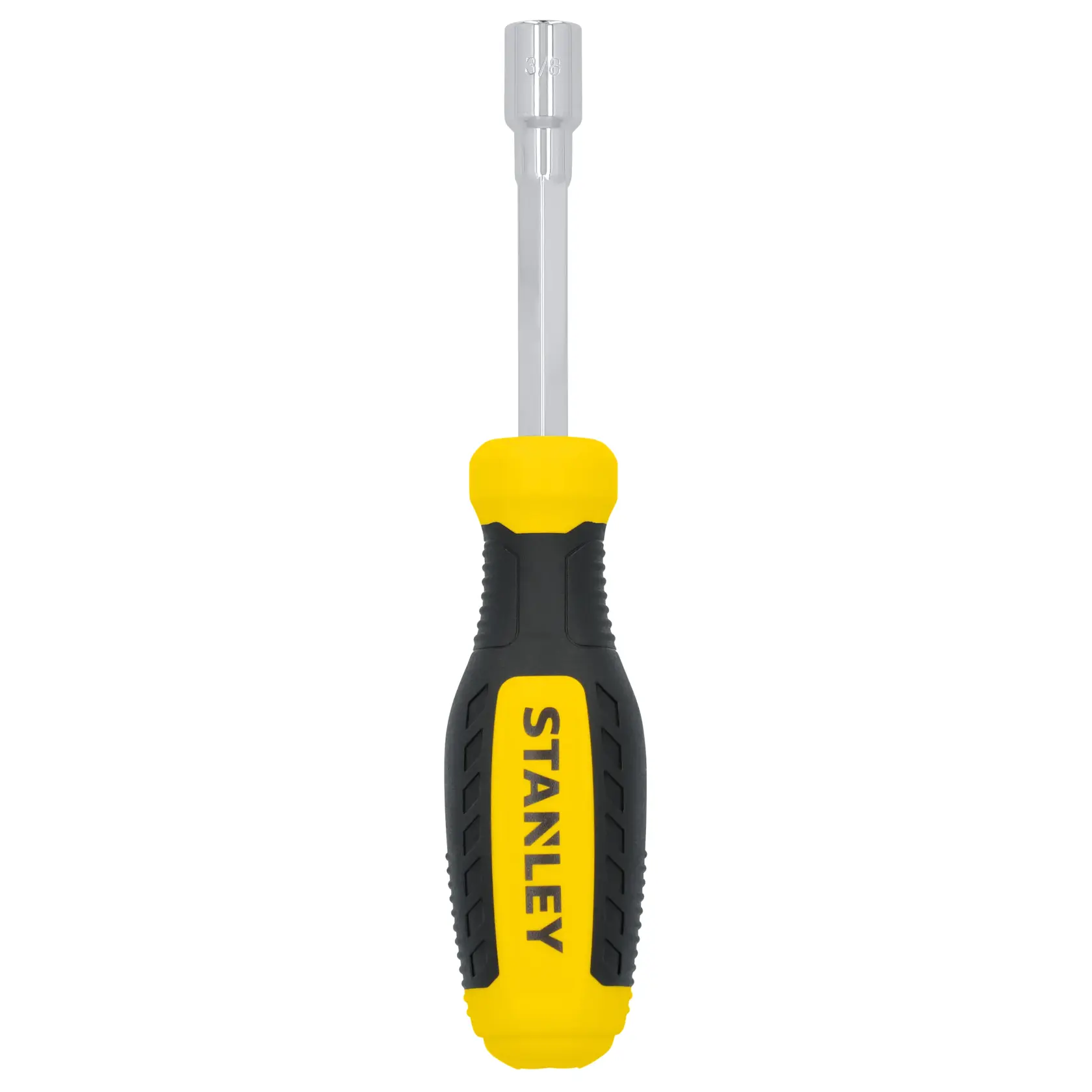 STANLEY STHT60824 nut driver tool, yellow and black handle, front angle, on white background.