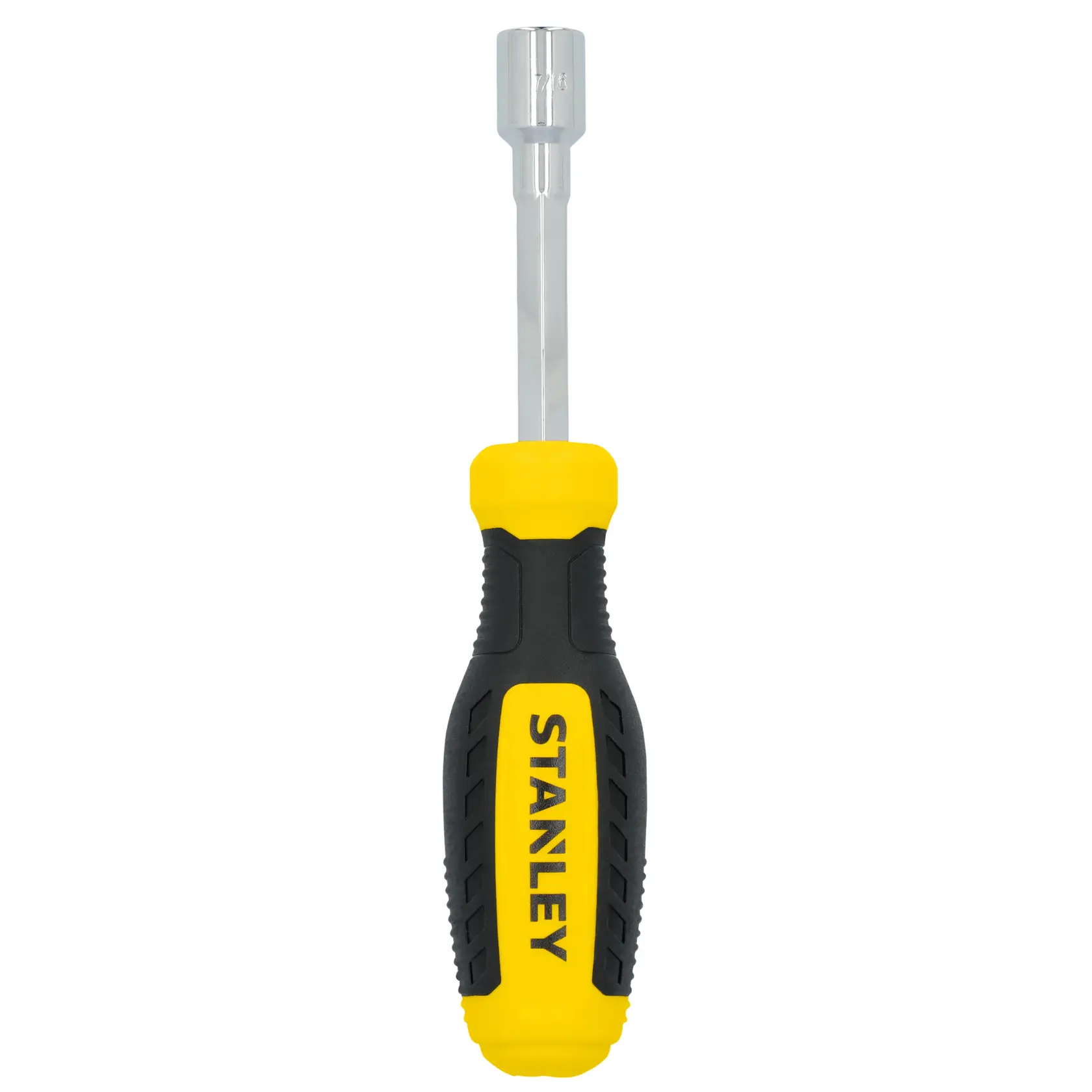Stanley STHT60825 nut driver with yellow and black handle, front view on white background.