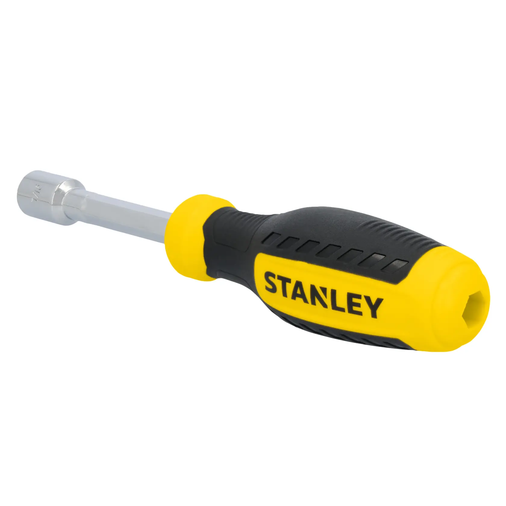 Stanley STHT60825 nut driver with yellow and black ergonomic handle, side angle on white background.