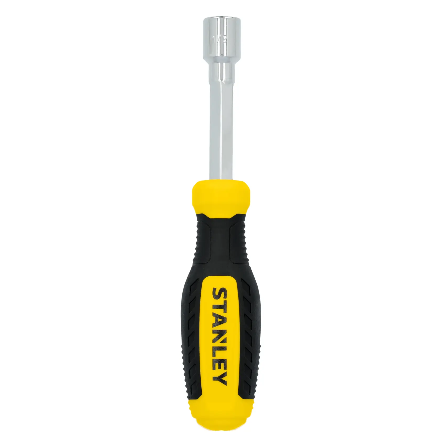 STANLEY STHT60826 nut driver with yellow and black ergonomic handle, front view on white background.