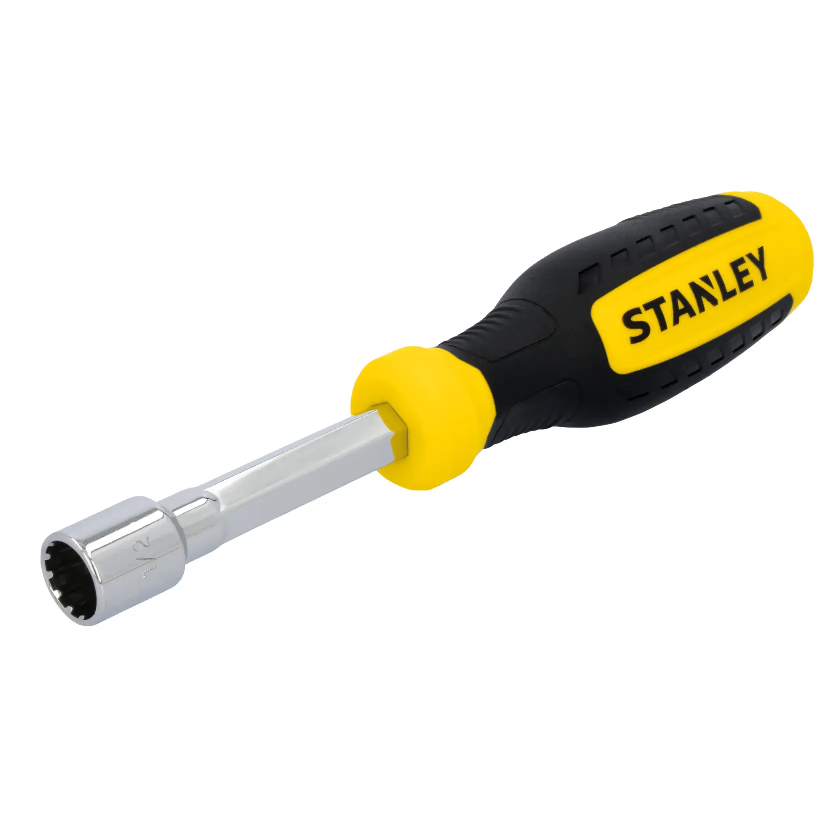 STANLEY STHT60826 nut driver with black and yellow handle, photographed from an angle on white background.