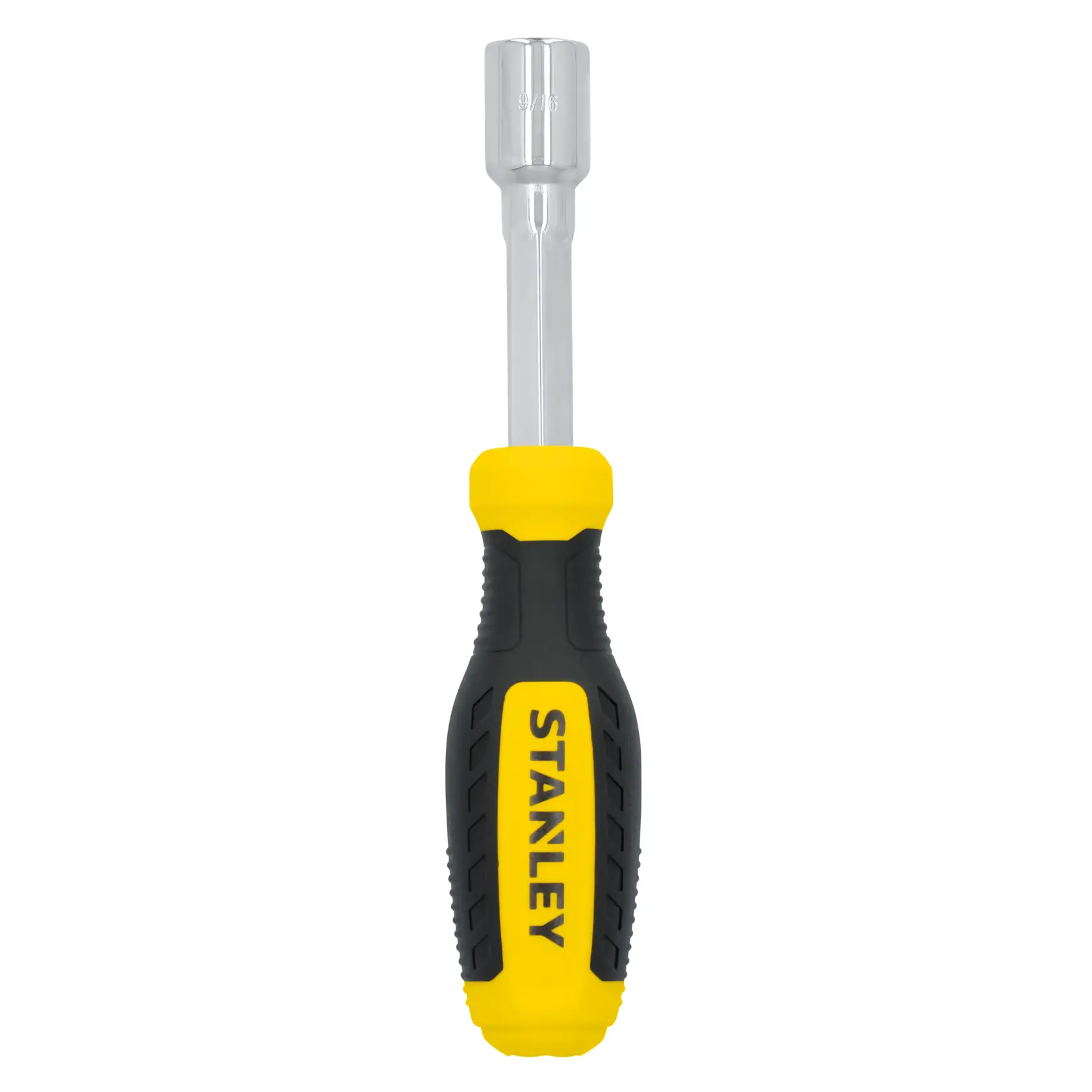 Stanley STHT60827 nut driver with yellow and black handle, front angle, on white background.