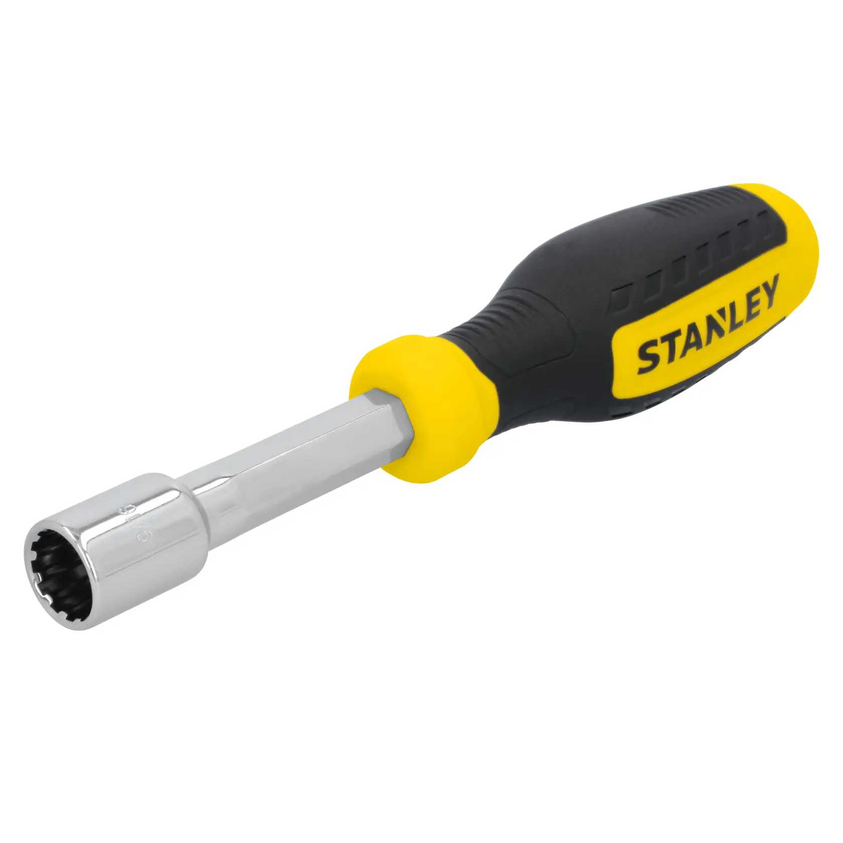 STANLEY STHT60827 nut driver with black and yellow handle, angled on white background.