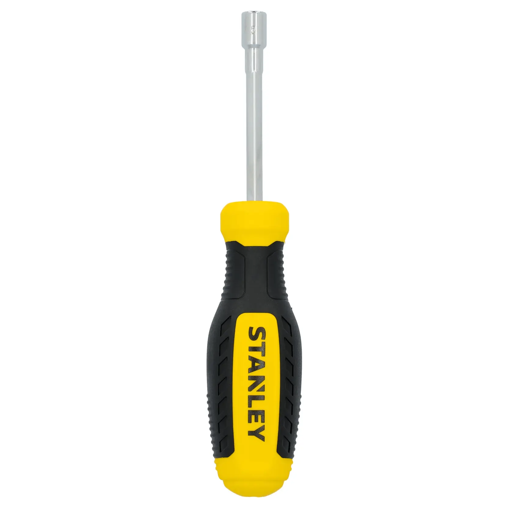 STANLEY STHT60828 nut driver with yellow and black ergonomic handle, front angle photo.