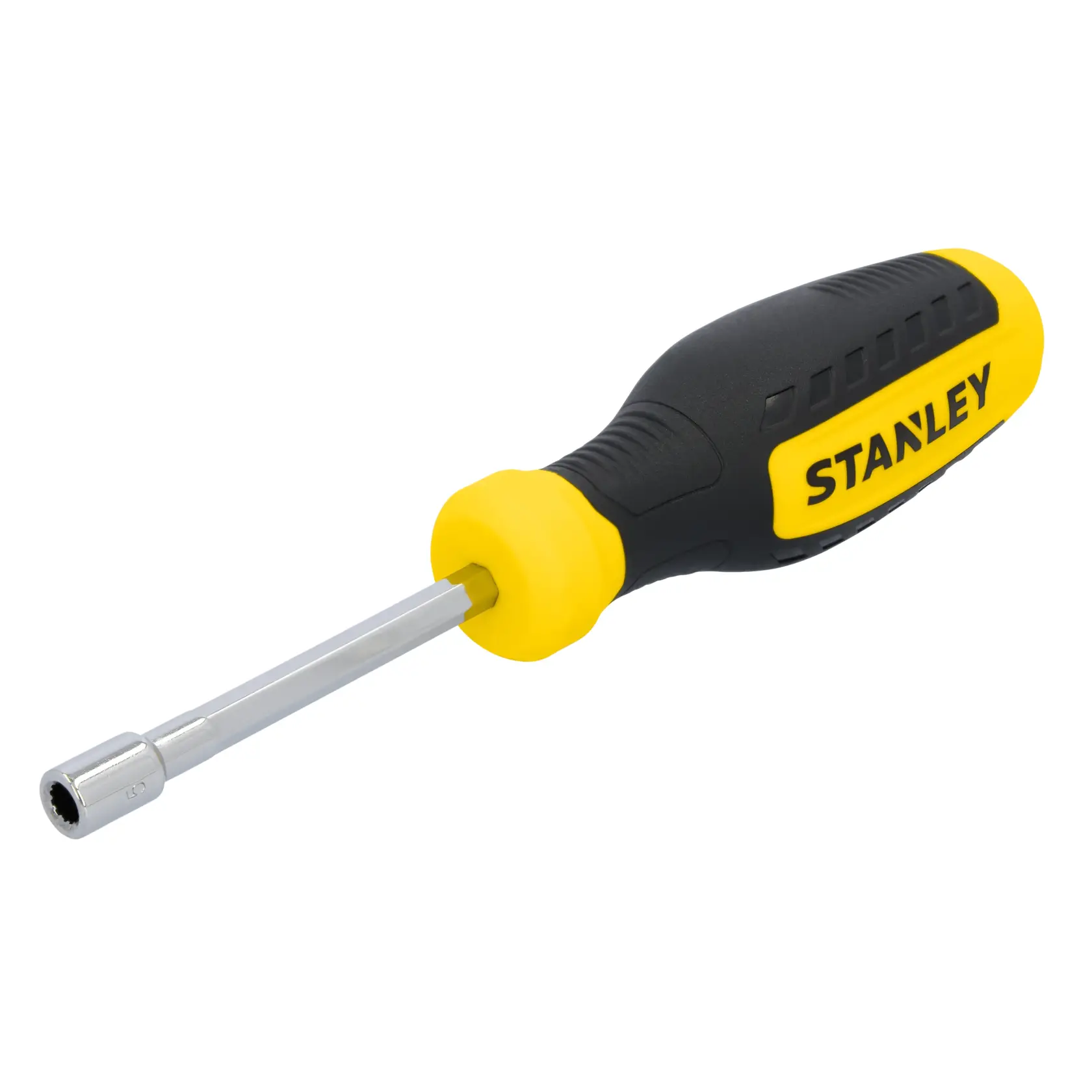 STANLEY STHT60828 nut driver with yellow and black handle, front angle, on white background.