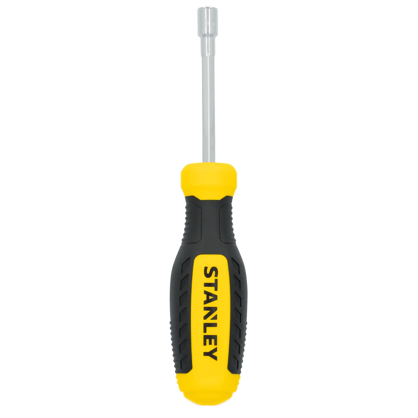 STANLEY STHT60829 nut driver with yellow and black handle, front angle on white background.
