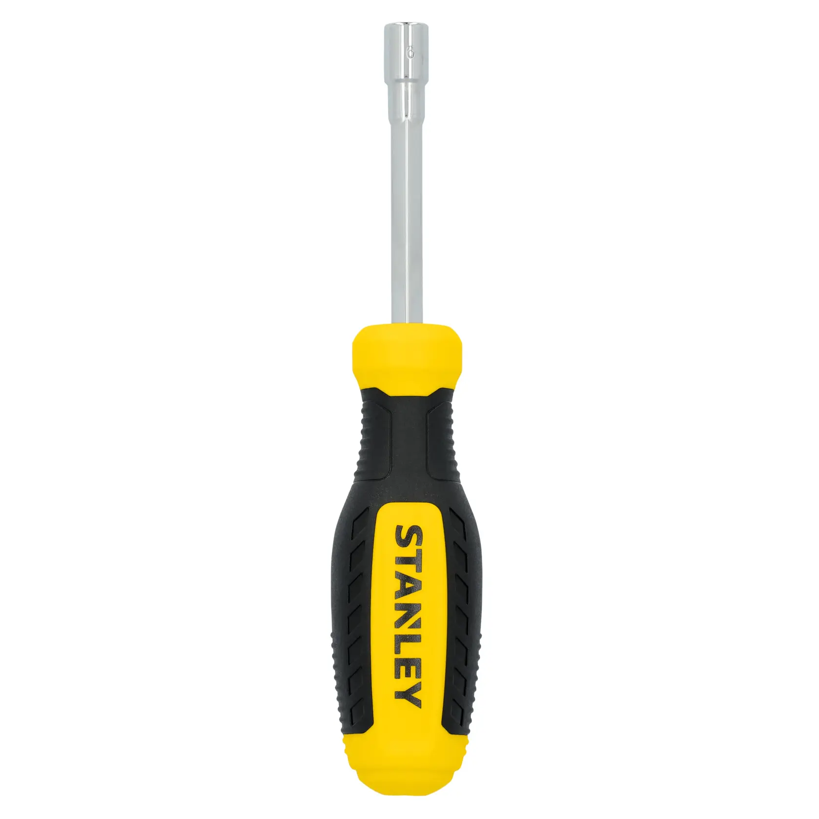 STANLEY STHT60830 nut driver with yellow and black handle, front angle on white background.