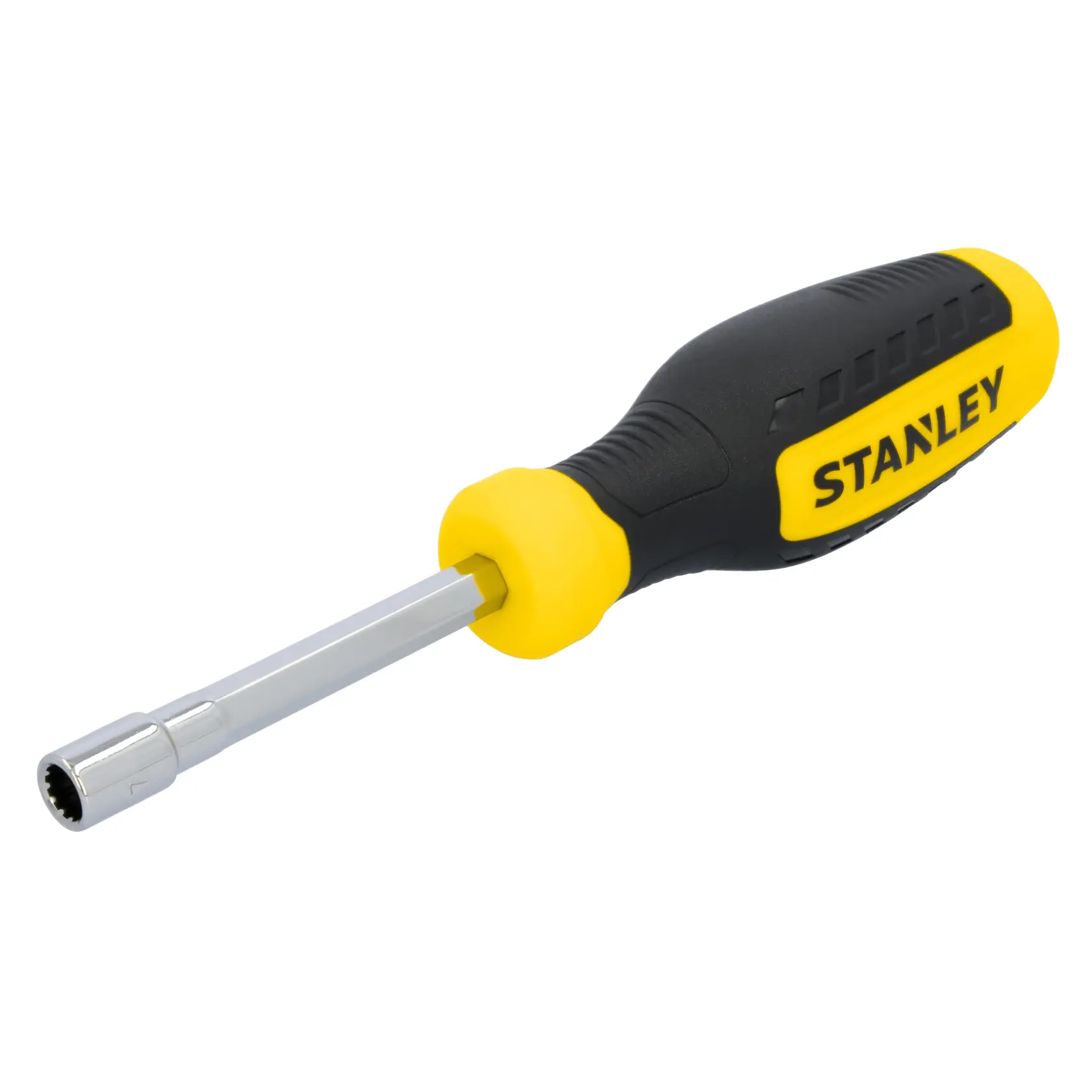 STANLEY STHT60831 nut driver with black and yellow ergonomic handle, angled on white background.