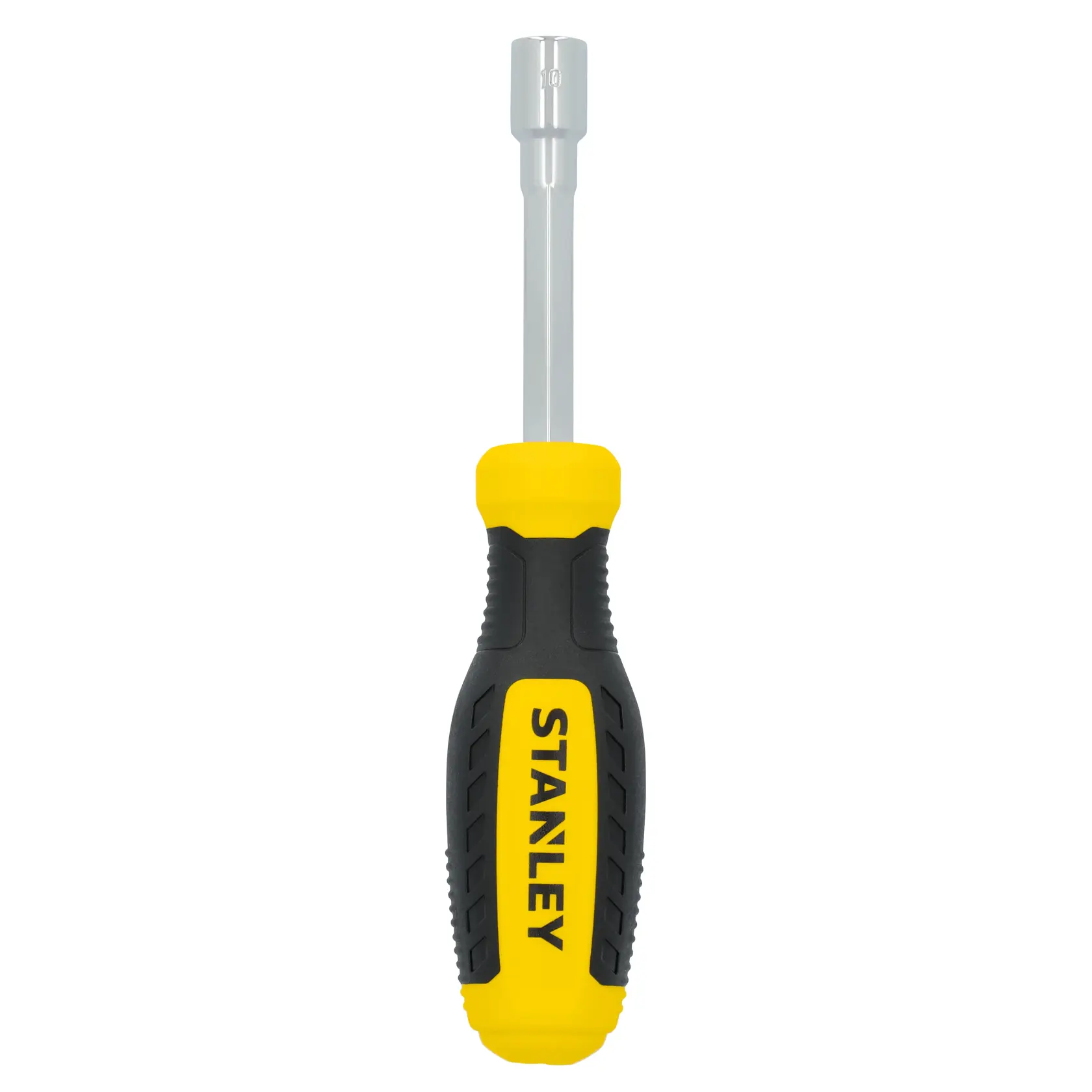 Photo of STANLEY STHT60833 nut driver with yellow and black grip, front angle on white background.