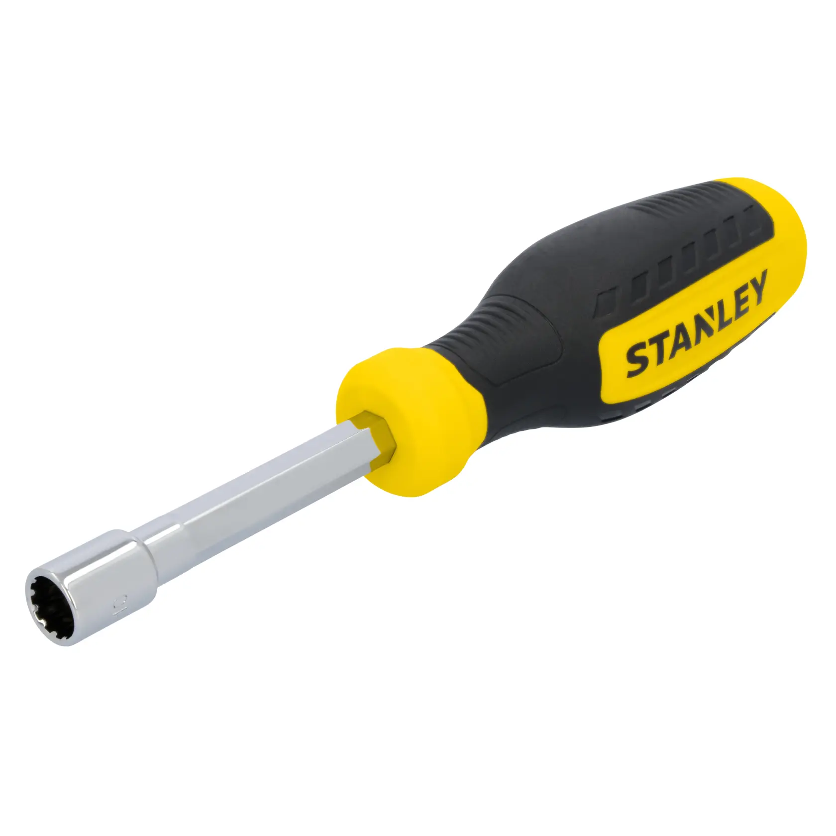 STANLEY STHT60833 nut driver with black and yellow handle, side angle on white background.