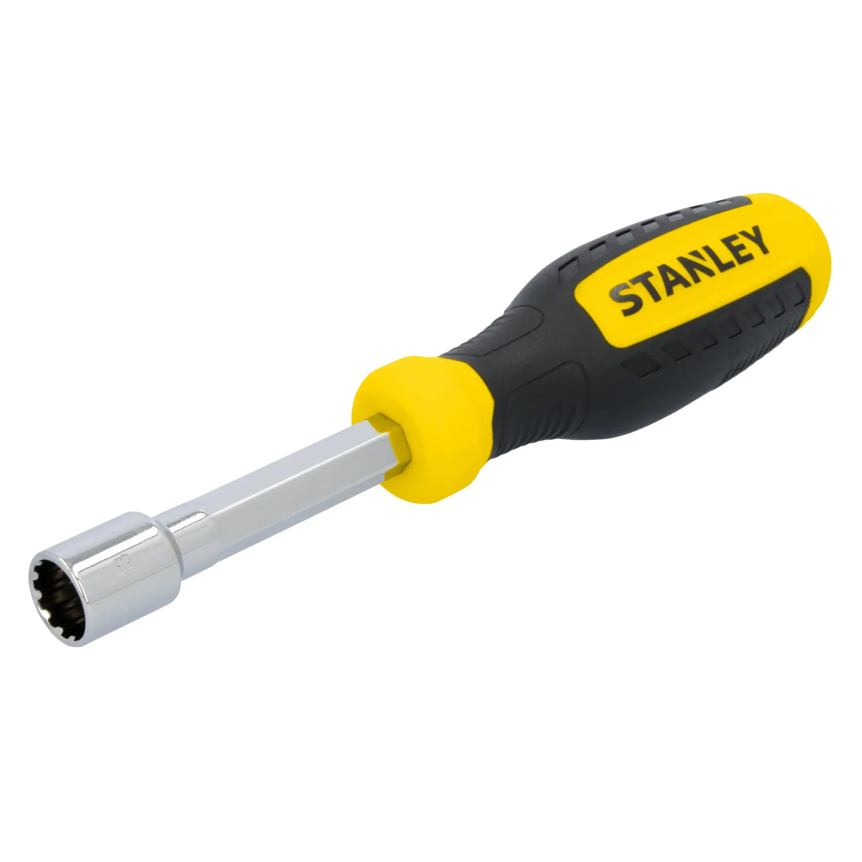 Stanley STHT60834 nut driver with black and yellow handle, side angle on white background.