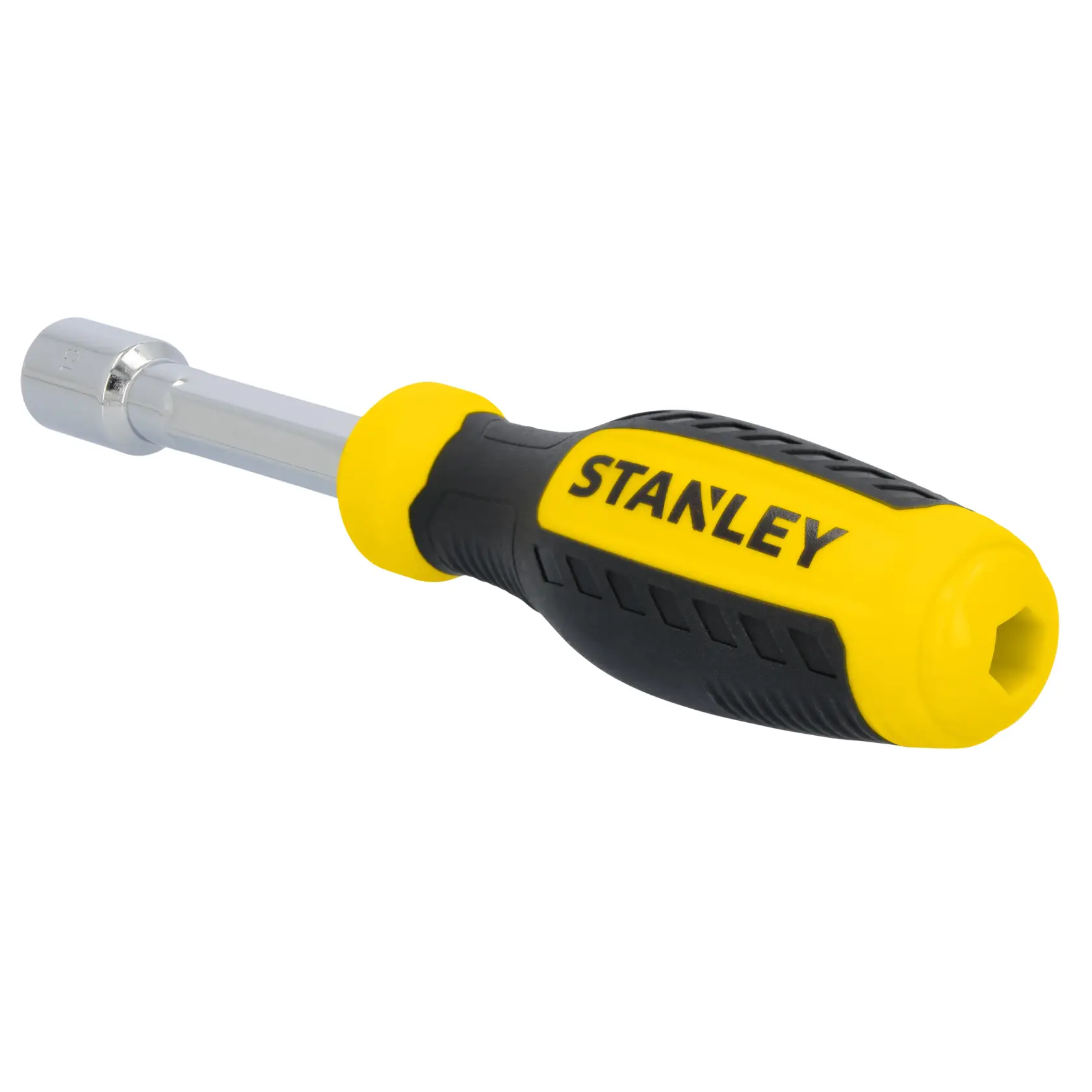 STANLEY STHT60834 nut driver, yellow and black handle, angled on white background.