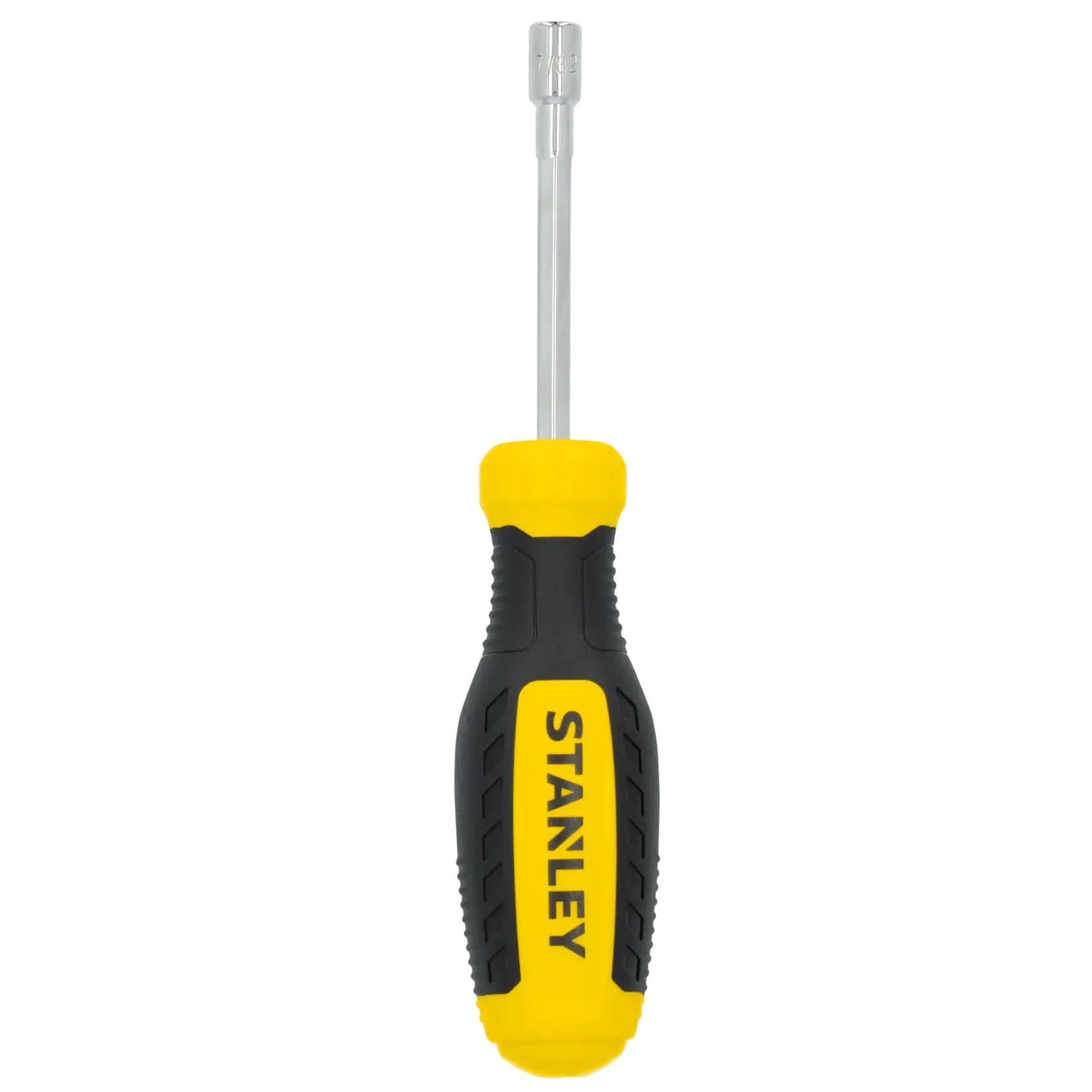 Stanley STHT60839 nut driver with yellow and black ergonomic handle, front angle, white background.
