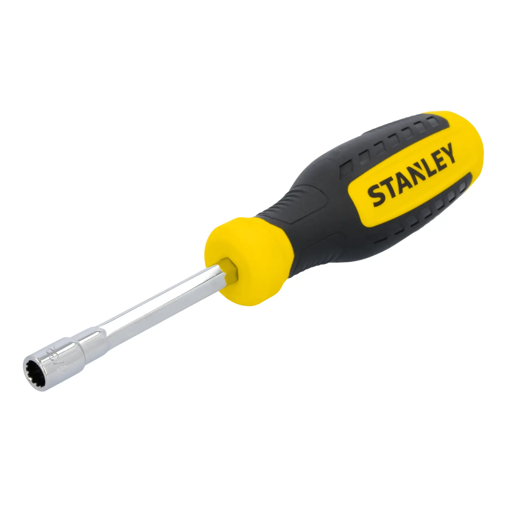 Photo of STANLEY STHT60840 nut driver with yellow and black ergonomic handle, angled on white background.