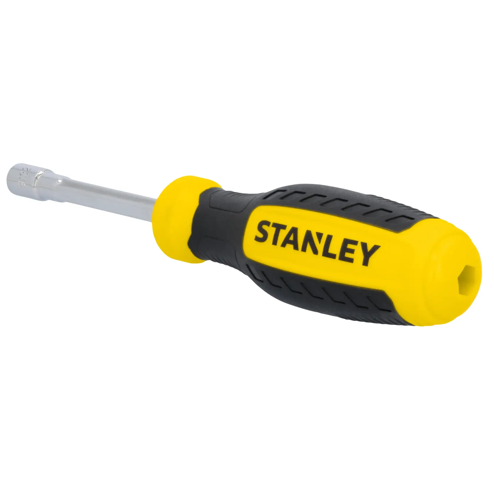 Photo of STANLEY STHT60840 nut driver with yellow and black handle, angled on white background.