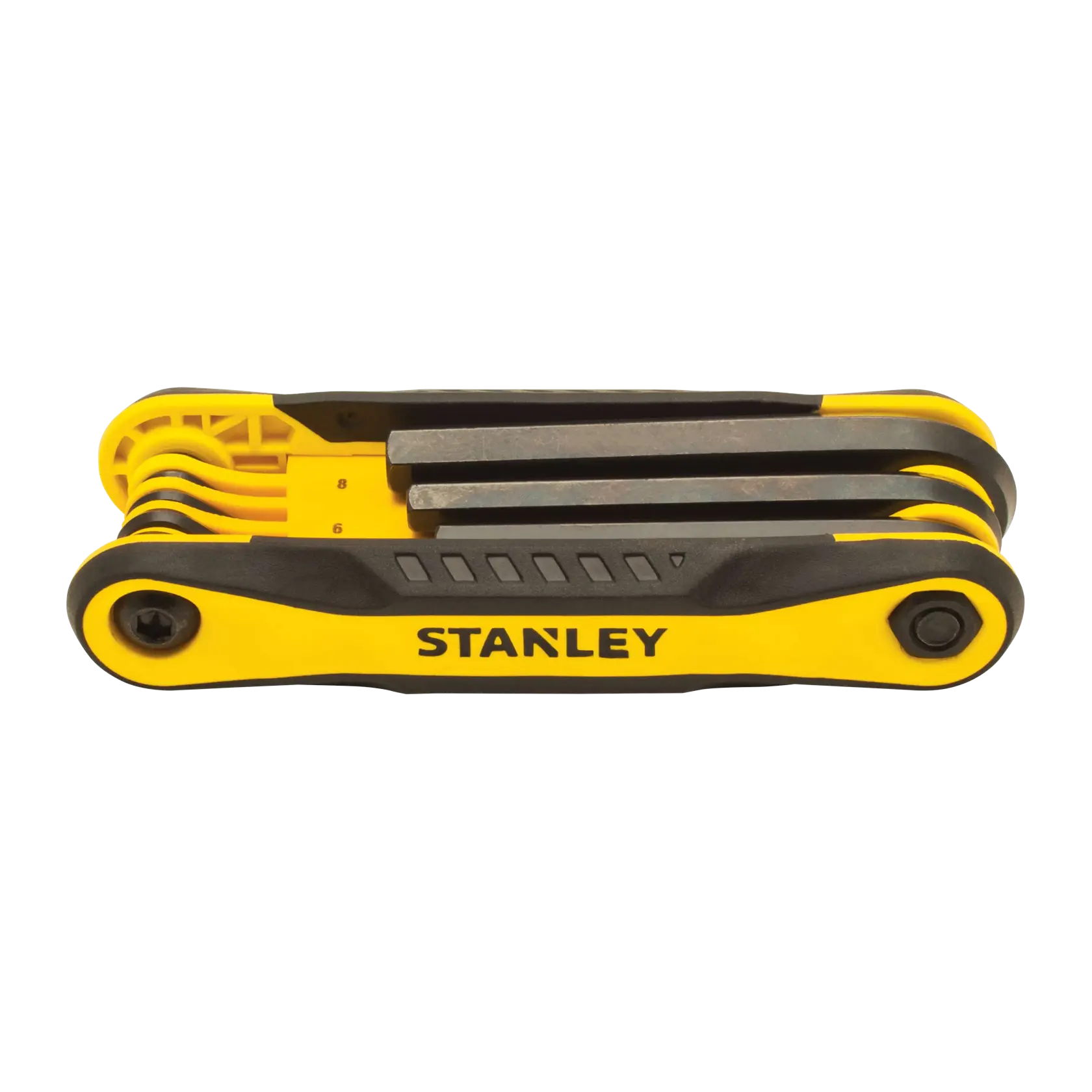 Front shot of STANLEY folding hex key set with yellow and black handle, multiple hex keys visible.