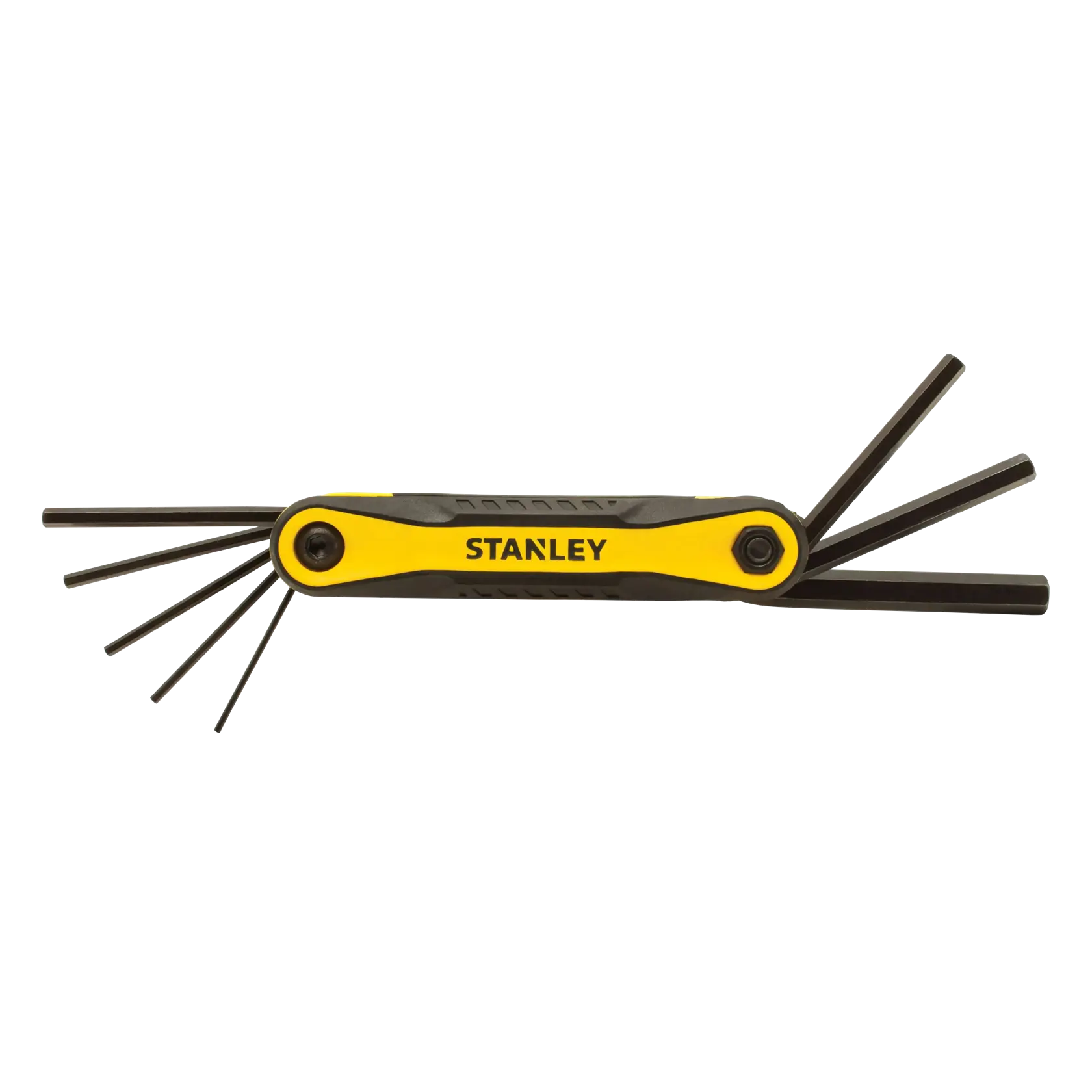 Stanley yellow and black folding hex key set, front angle, with keys extended on both sides
