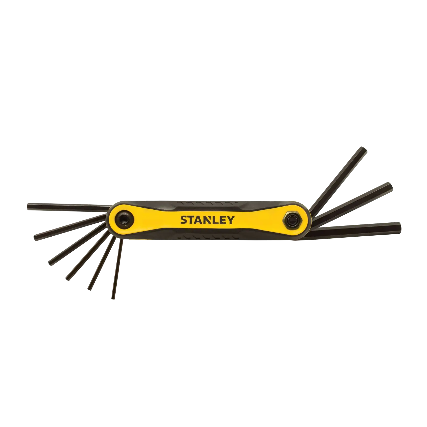 Front angle of STANLEY foldable hex key set with yellow and black handle on white background.