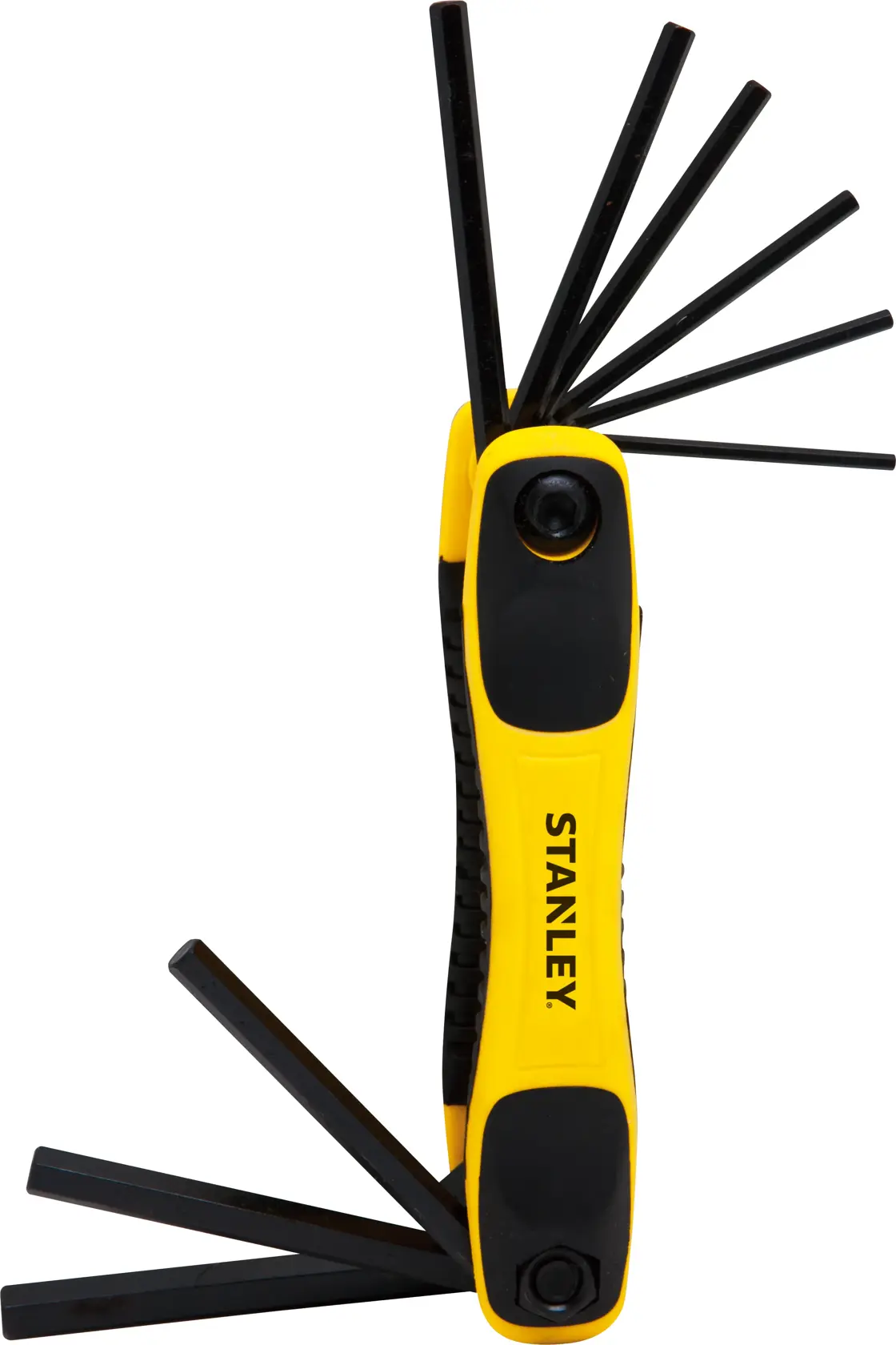 STANLEY STHT71801 yellow and black folding hex key set, front angle on white background.
