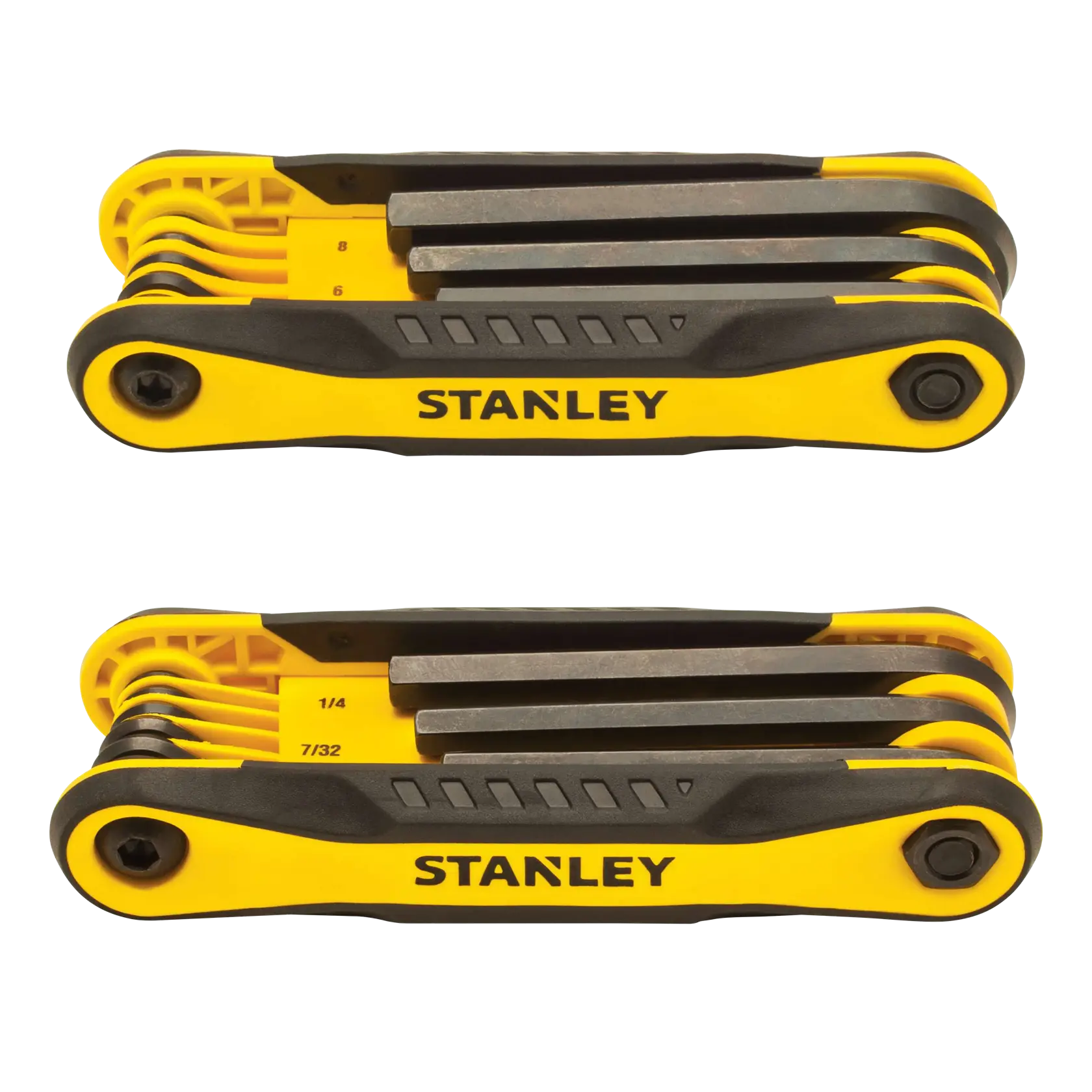 Stanley folding hex key set, yellow and black, side angle on white background