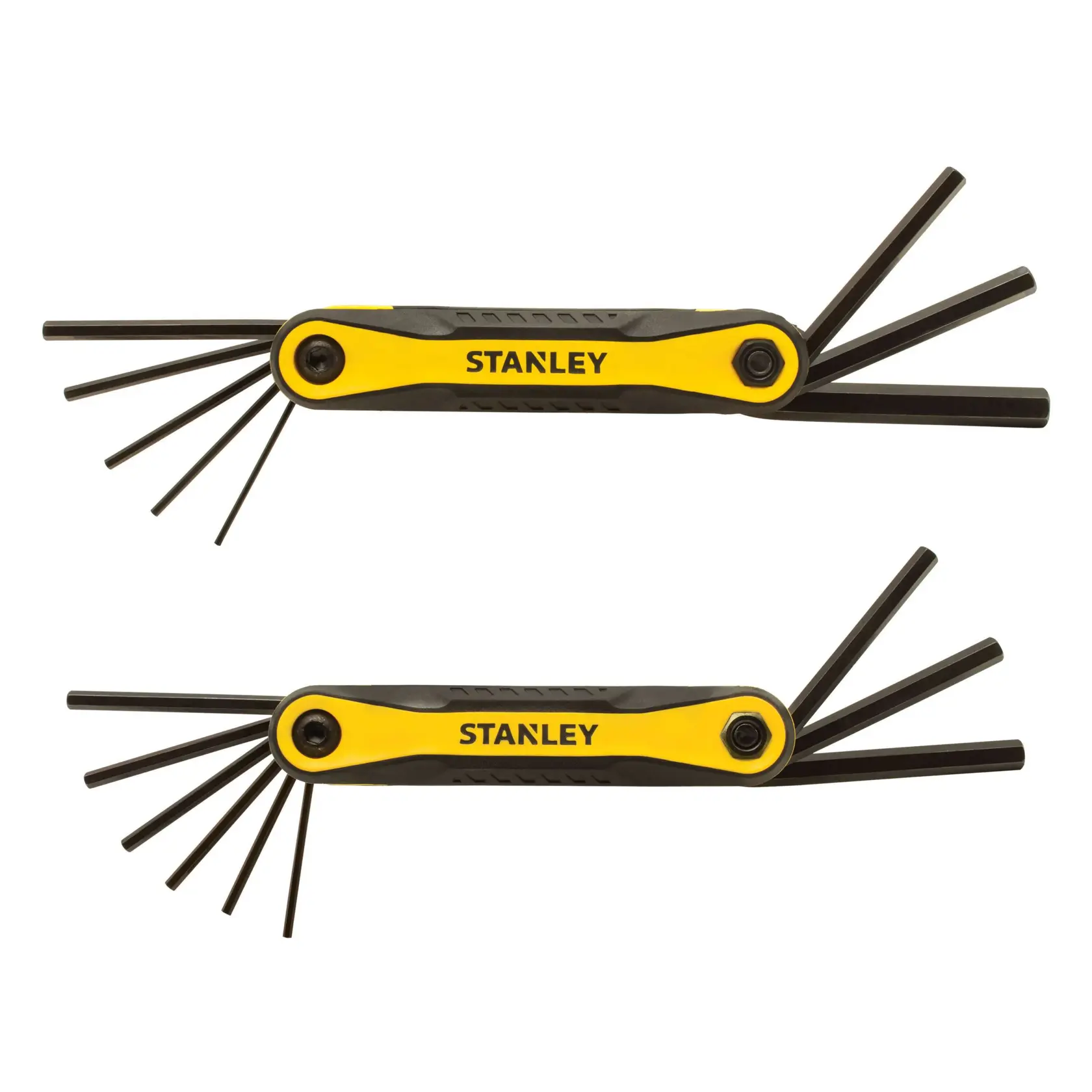 STANLEY hex key folding set, yellow and black handles, assorted sizes, side view on white background
