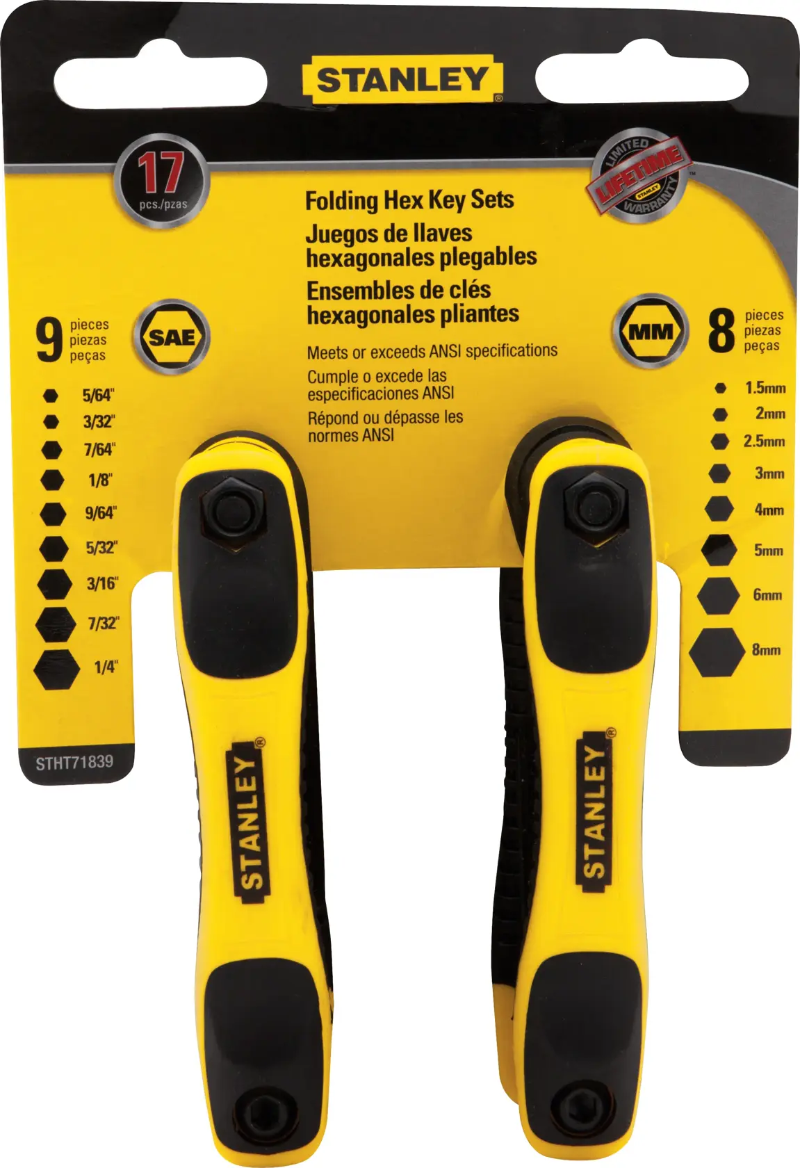 STANLEY STHT71839 folding hex key set, yellow and black, front angle, packaged, 17 pieces.