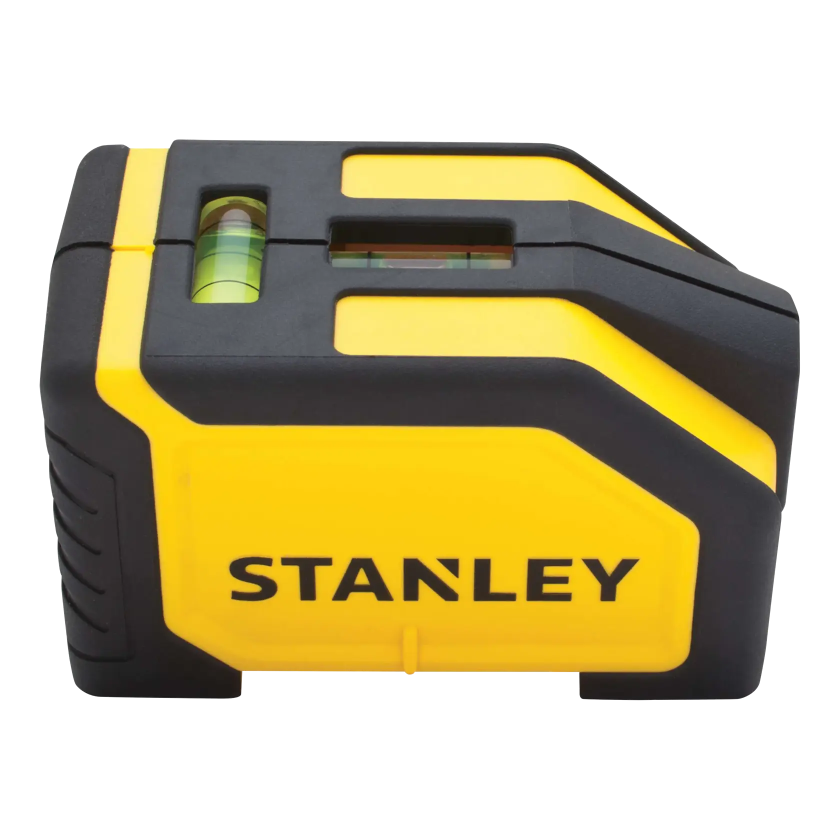 Front angle of Stanley yellow and black laser level with built-in bubble vial on white background
