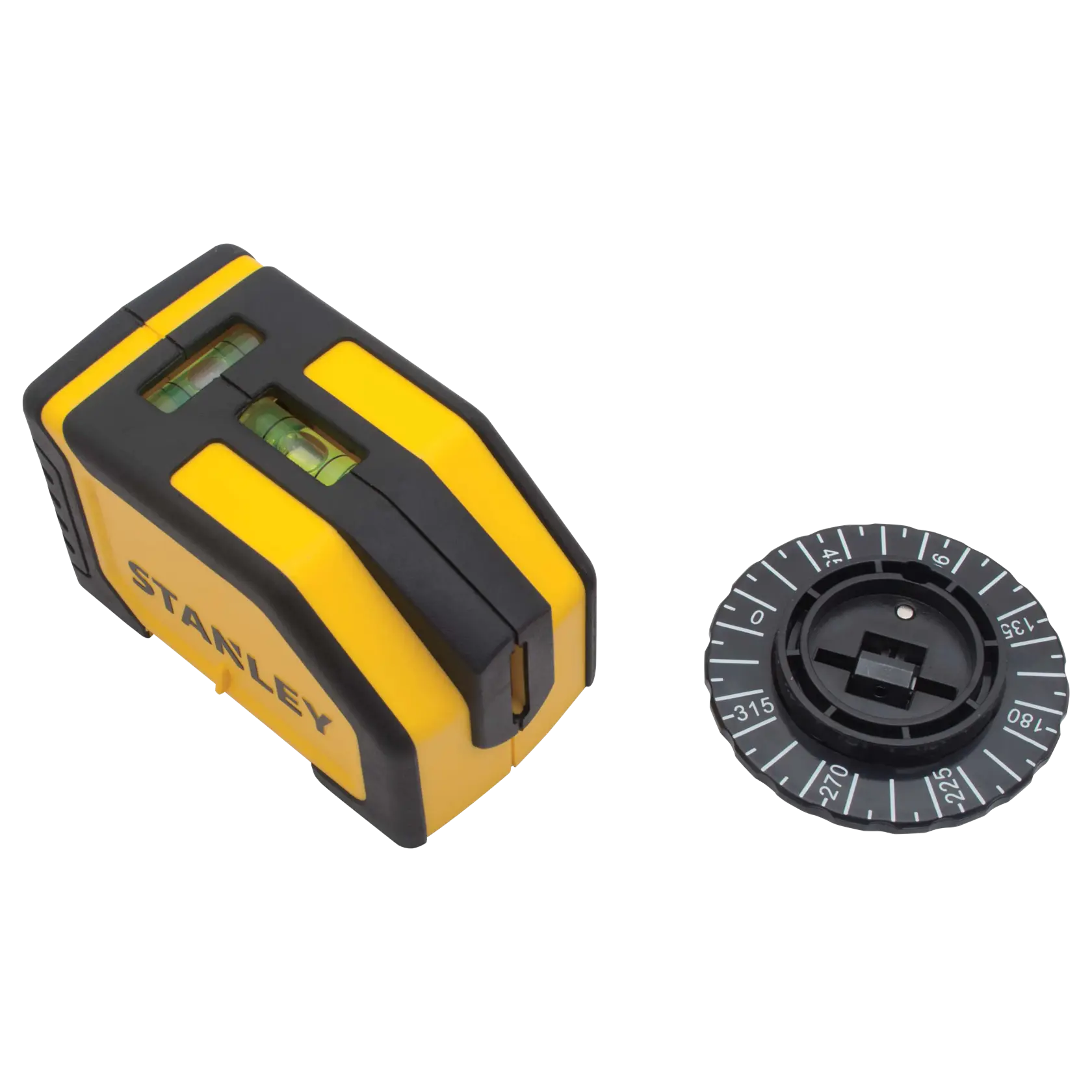 Stanley yellow and black laser level and rotating base, front angle on white background