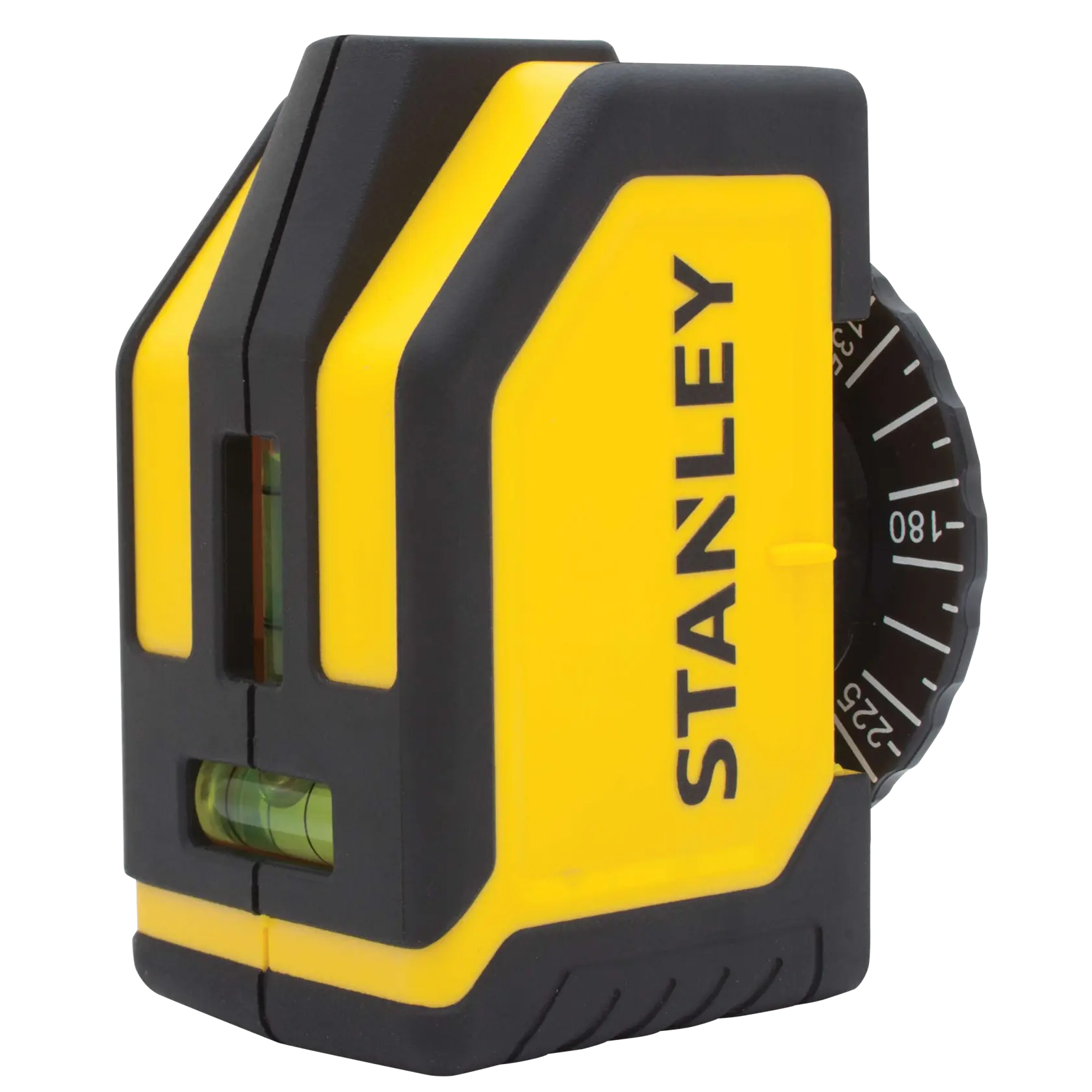 Stanley yellow and black photography laser level, angled front view, white background