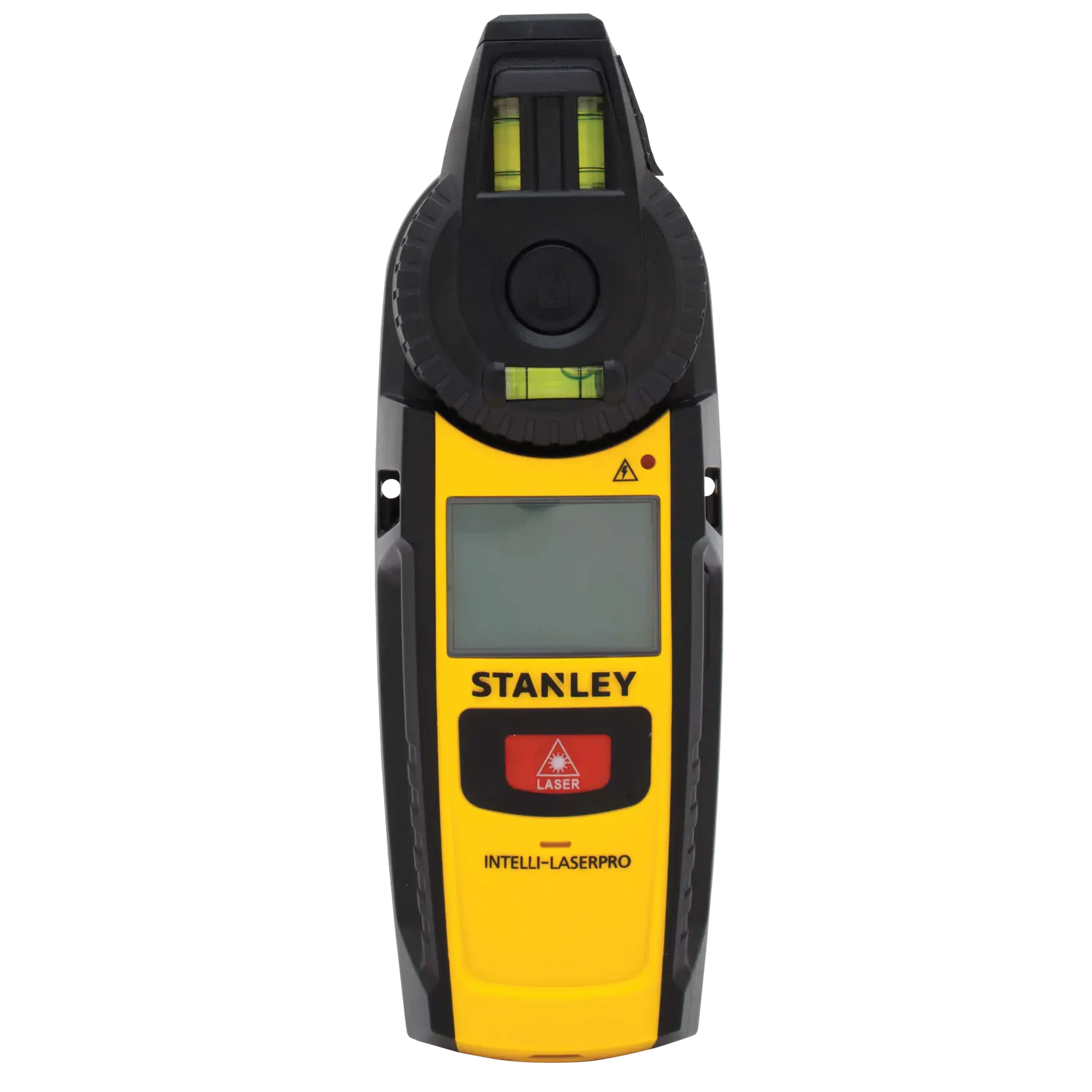 Front view of STANLEY Intelli-LaserPro yellow electronic laser level with digital display and bubble vials