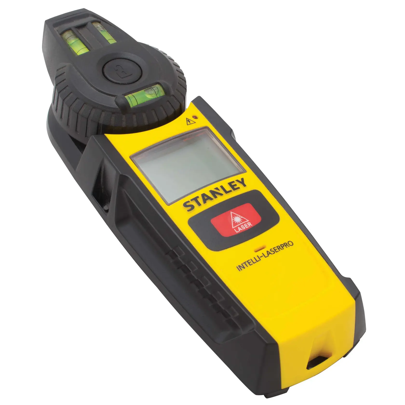 Angled view of STANLEY Intelli-LaserPro yellow and black laser level tool with LCD screen and bubble vials