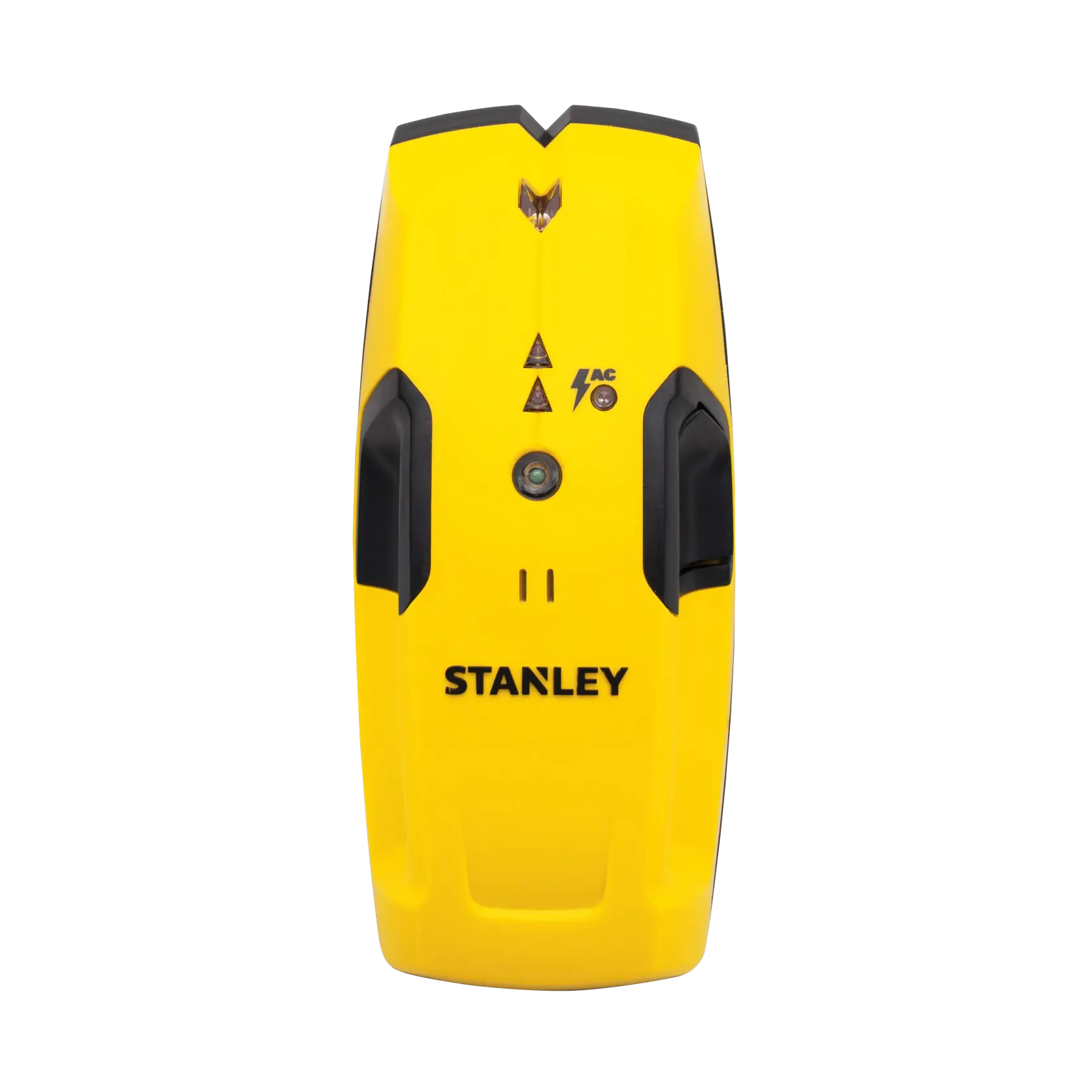 Front view of STANLEY yellow stud finder with black grips and indicator lights on white background.