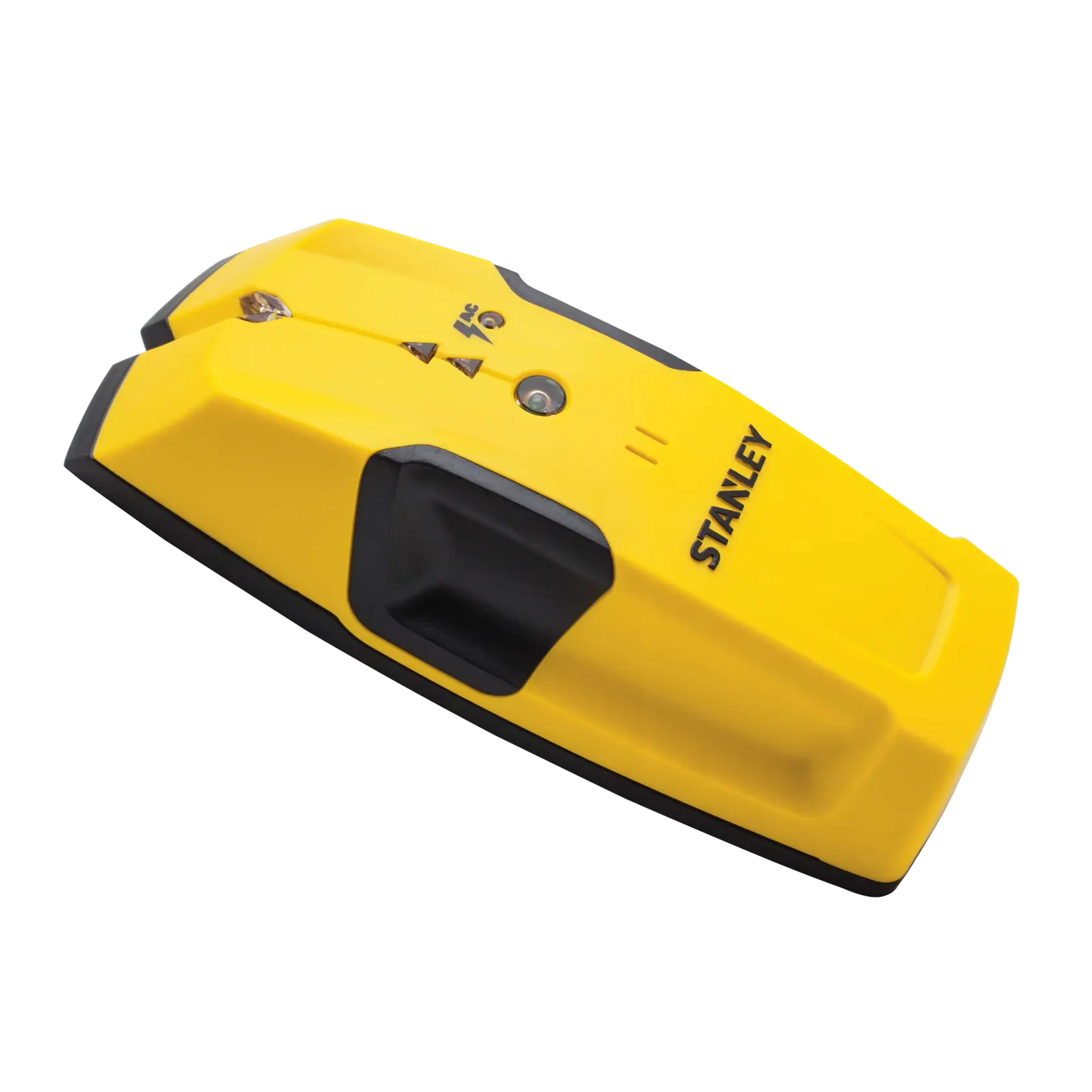 Stanley stud finder angled view on white background, yellow and black handheld electronic tool