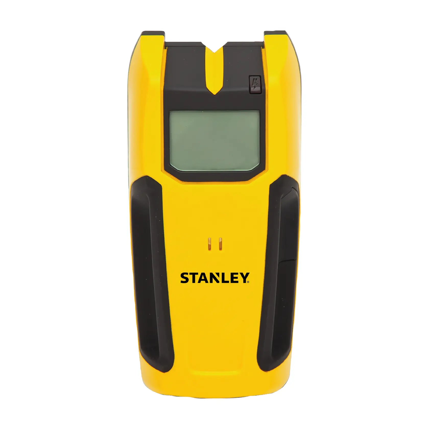 Front angle of STANLEY stud finder with yellow and black casing and LCD screen on white background.