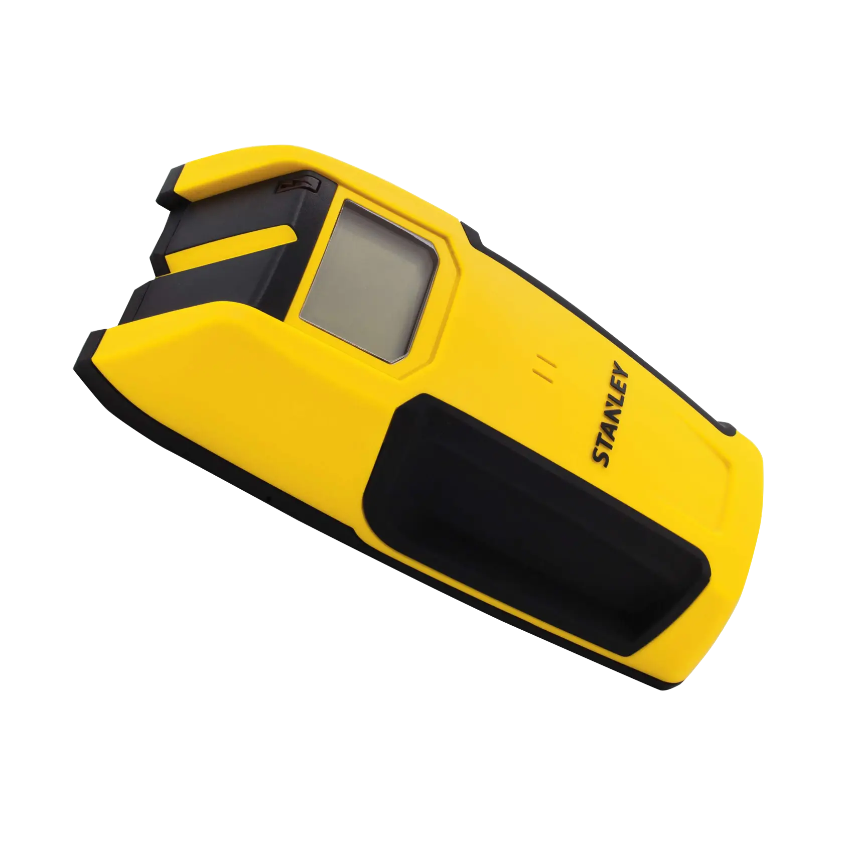 Stanley electronic stud finder, angled side view on white background, yellow and black body with digital display