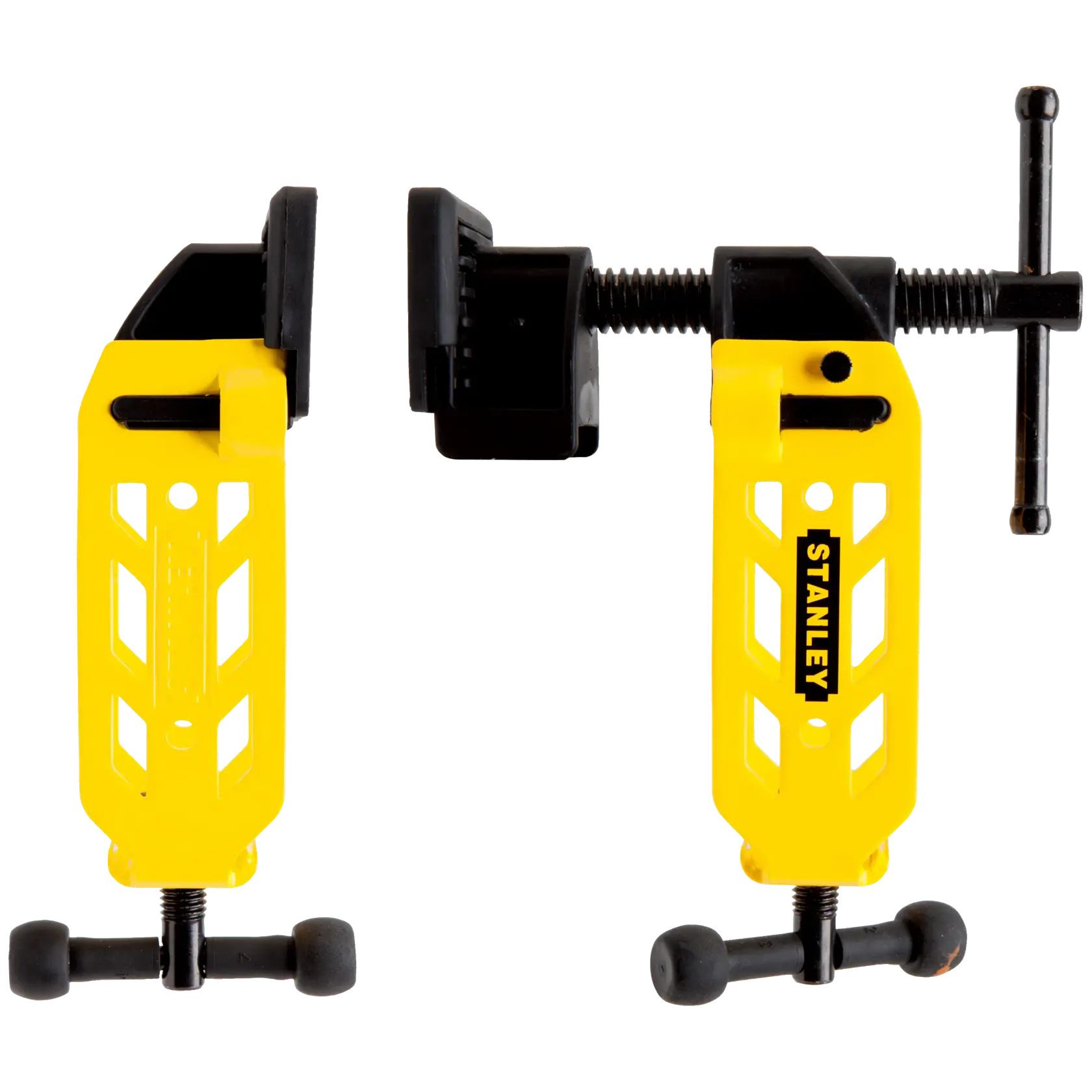 Front angle view of two STANLEY yellow steel photography clamps with black screw handles on white background