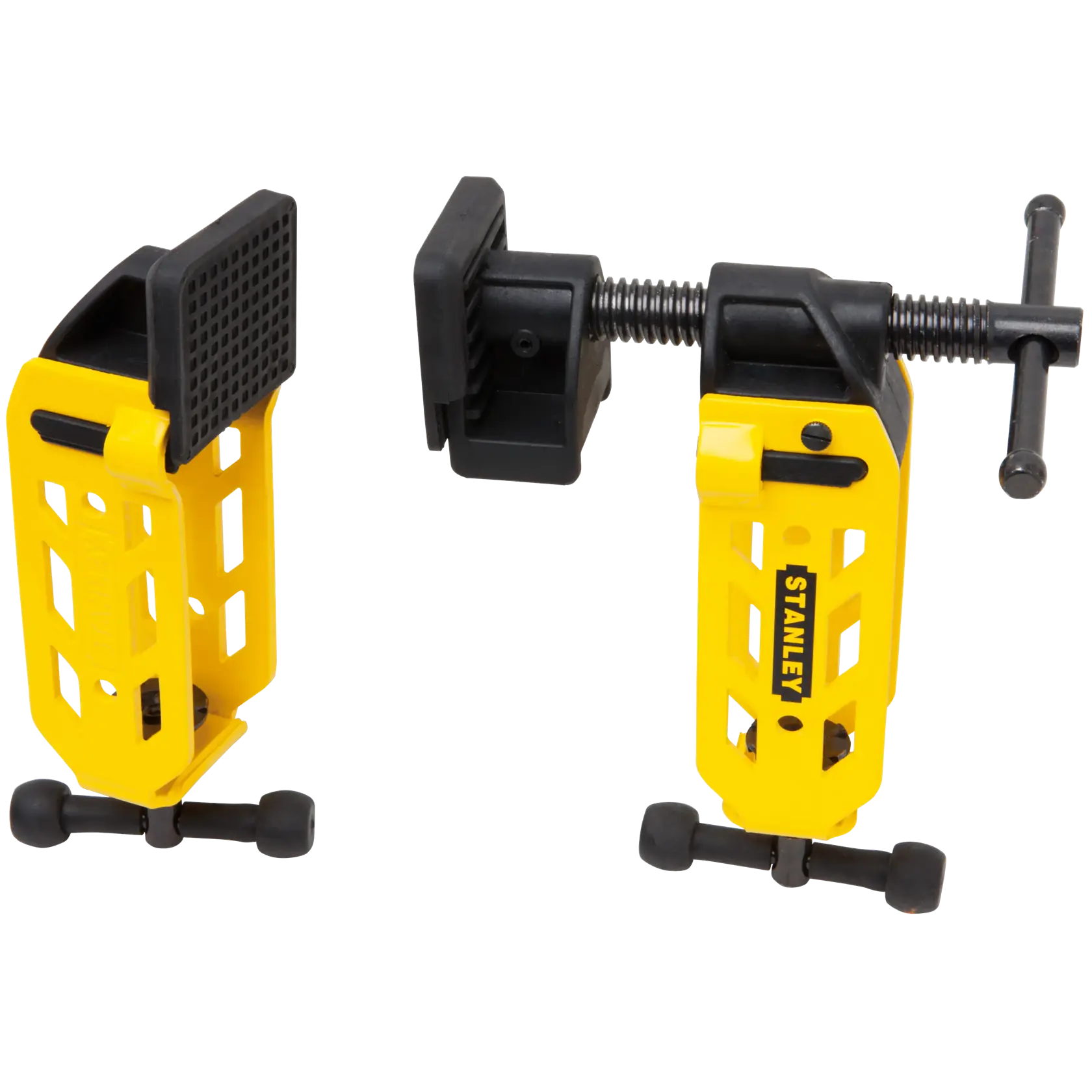 STANLEY STHT83166 yellow and black adjustable clamps set, shown upright on white background, woodworking tool.