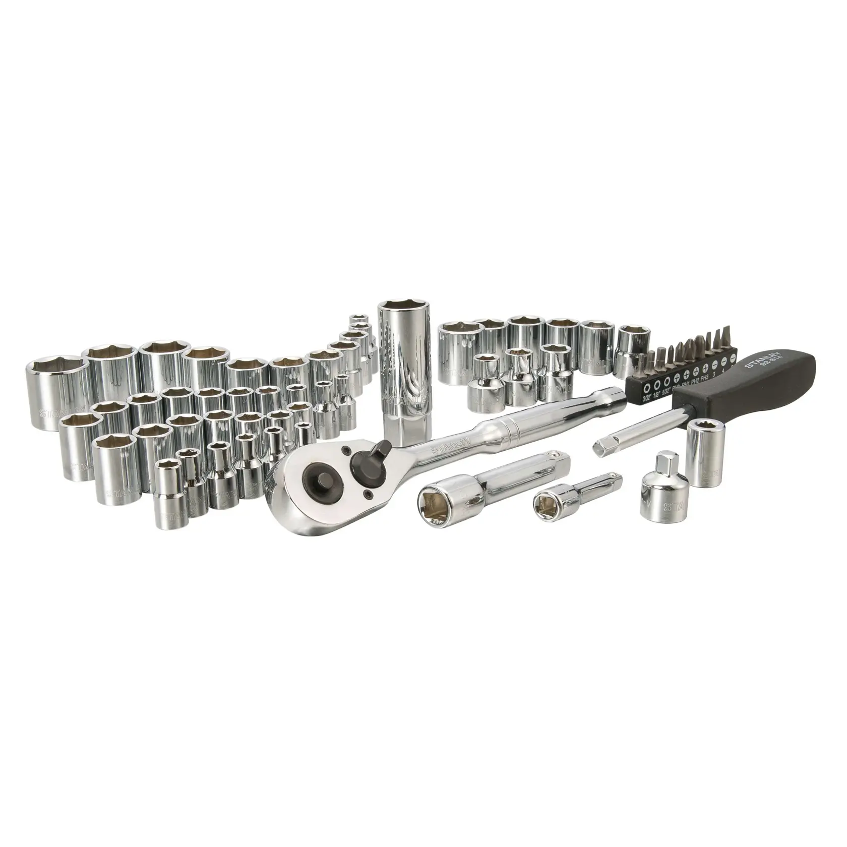 Stanley socket and ratchet set with chrome sockets, ratchet handle, screwdriver, and extension bars, front angle.
