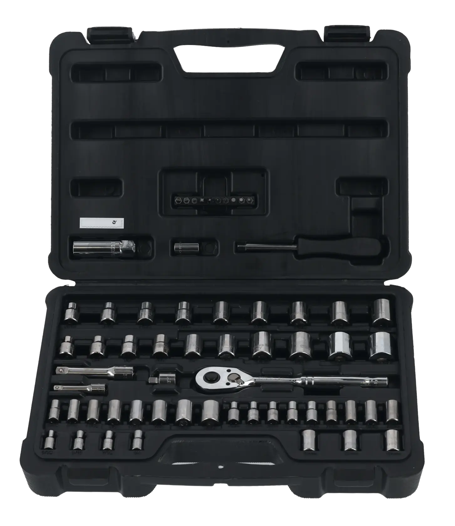 Stanley socket wrench set with various sockets and extensions in a black plastic case, top view, white background
