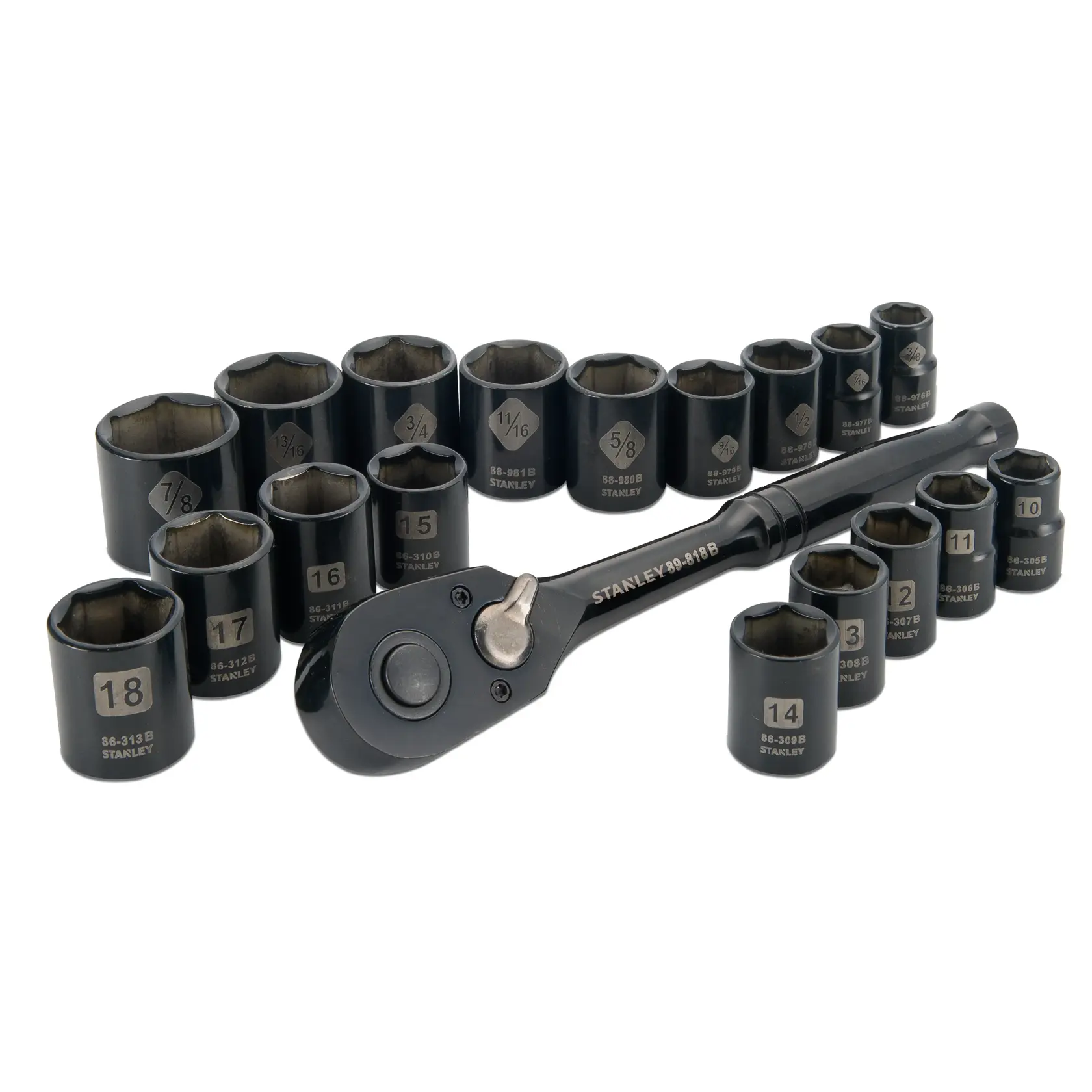 STANLEY STMT71657 socket and ratchet set in black finish, photography on white background, hand tool kit.