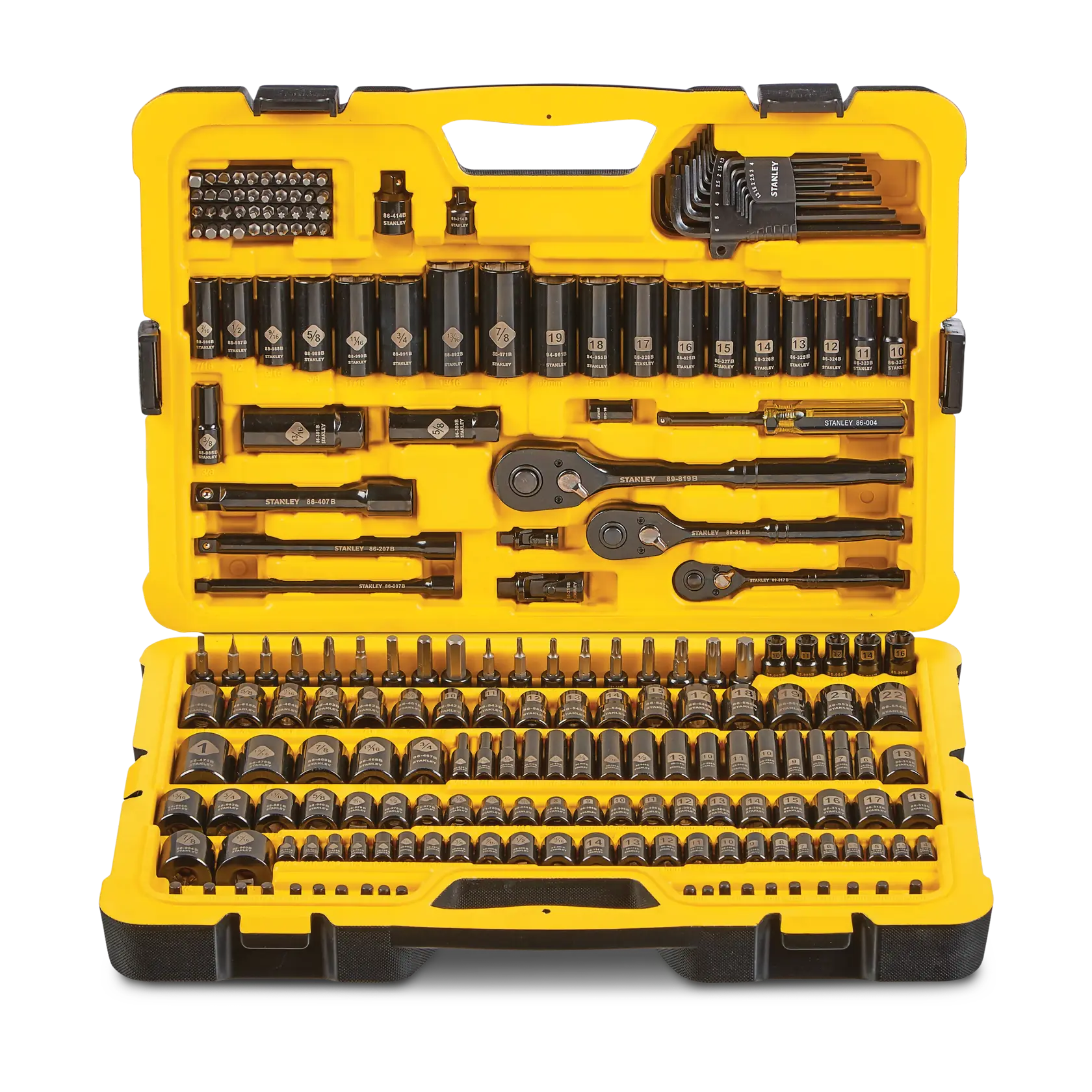 STANLEY STMT75064 mechanic tool set in yellow case, top-down angle showing sockets, ratchets and hex keys.