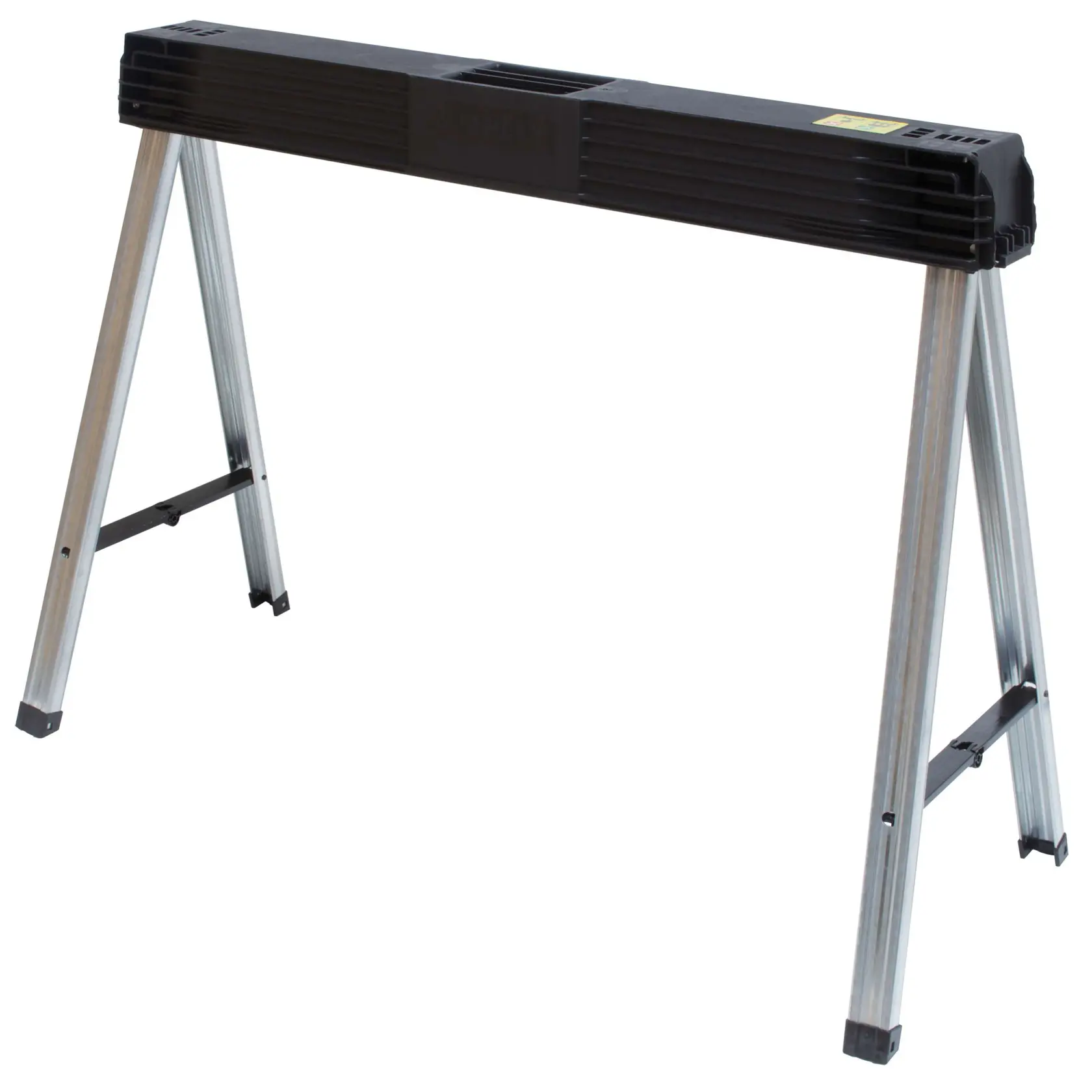 Stanley folding sawhorse with silver metal legs and black plastic top, front angle on white background