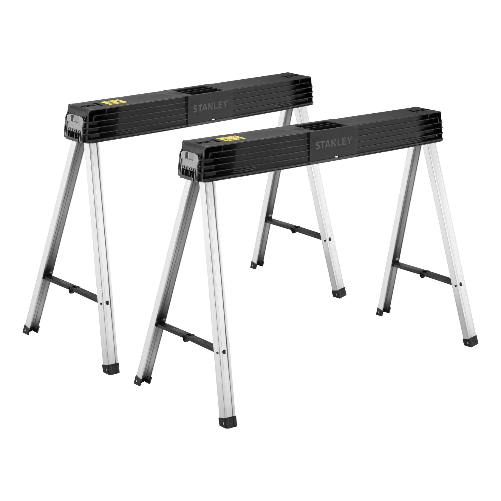 STANLEY STST11151 silver and black sawhorse pair, front angle, on white background.