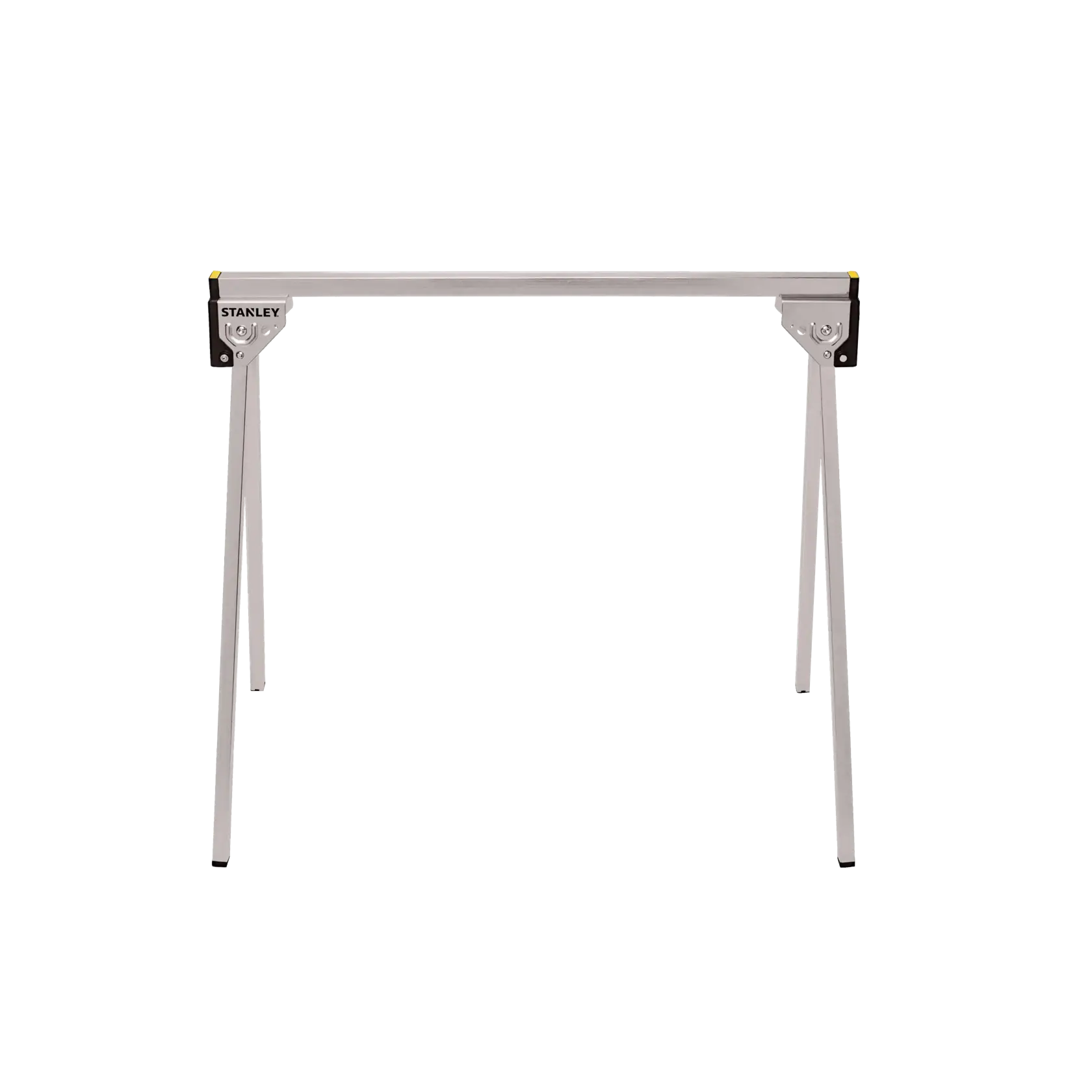 STANLEY STST81337-1 metal folding sawhorse set, silver with yellow accents, angled on white background.