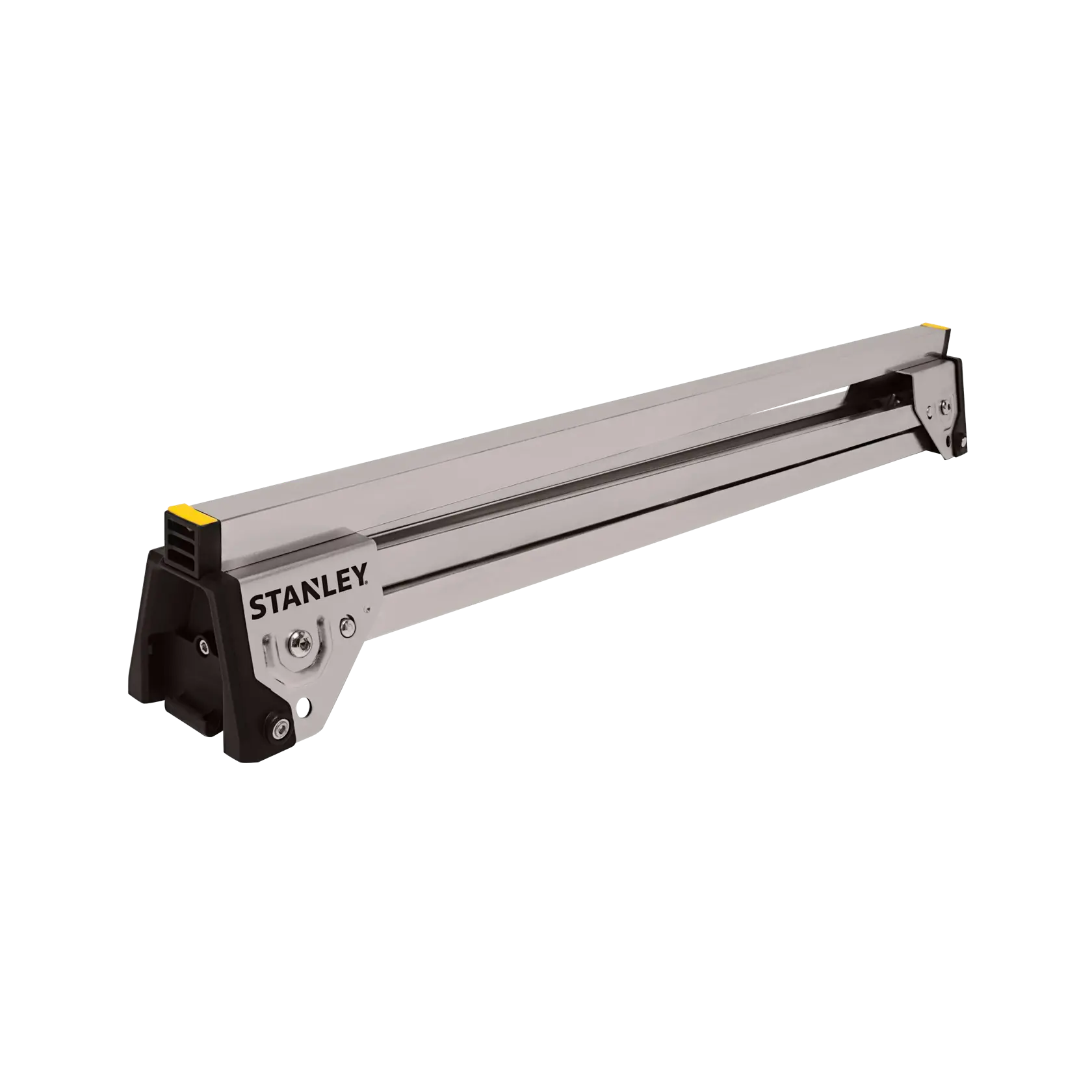 STANLEY STST11154 metal saw guide with black and yellow ends, side angle, on white background.