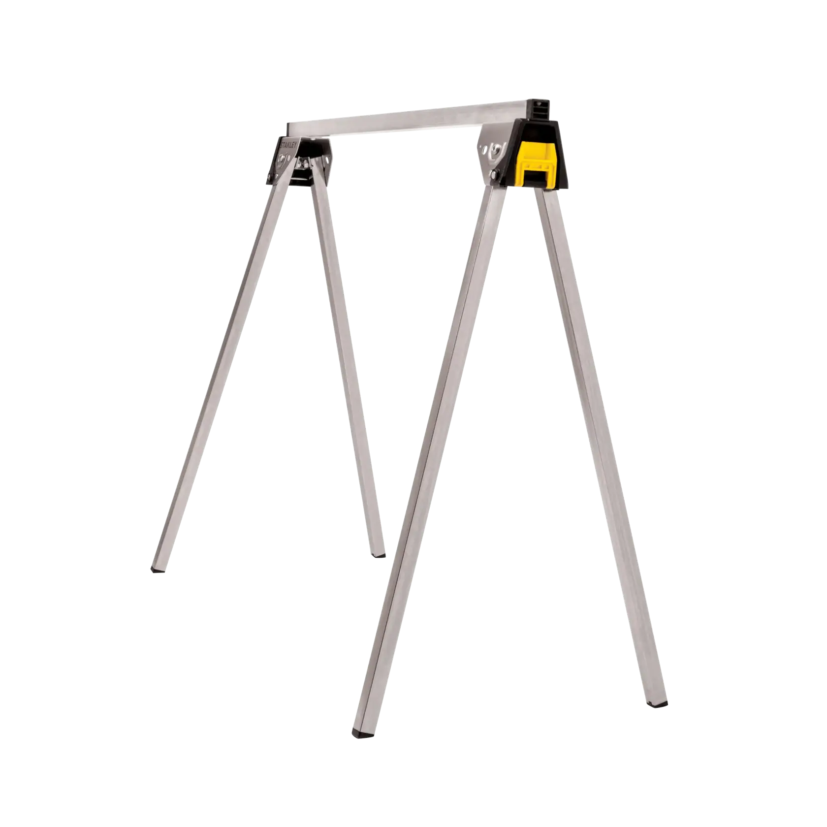 STANLEY folding metal sawhorse, angled side view, silver legs, black and yellow bracket, white background