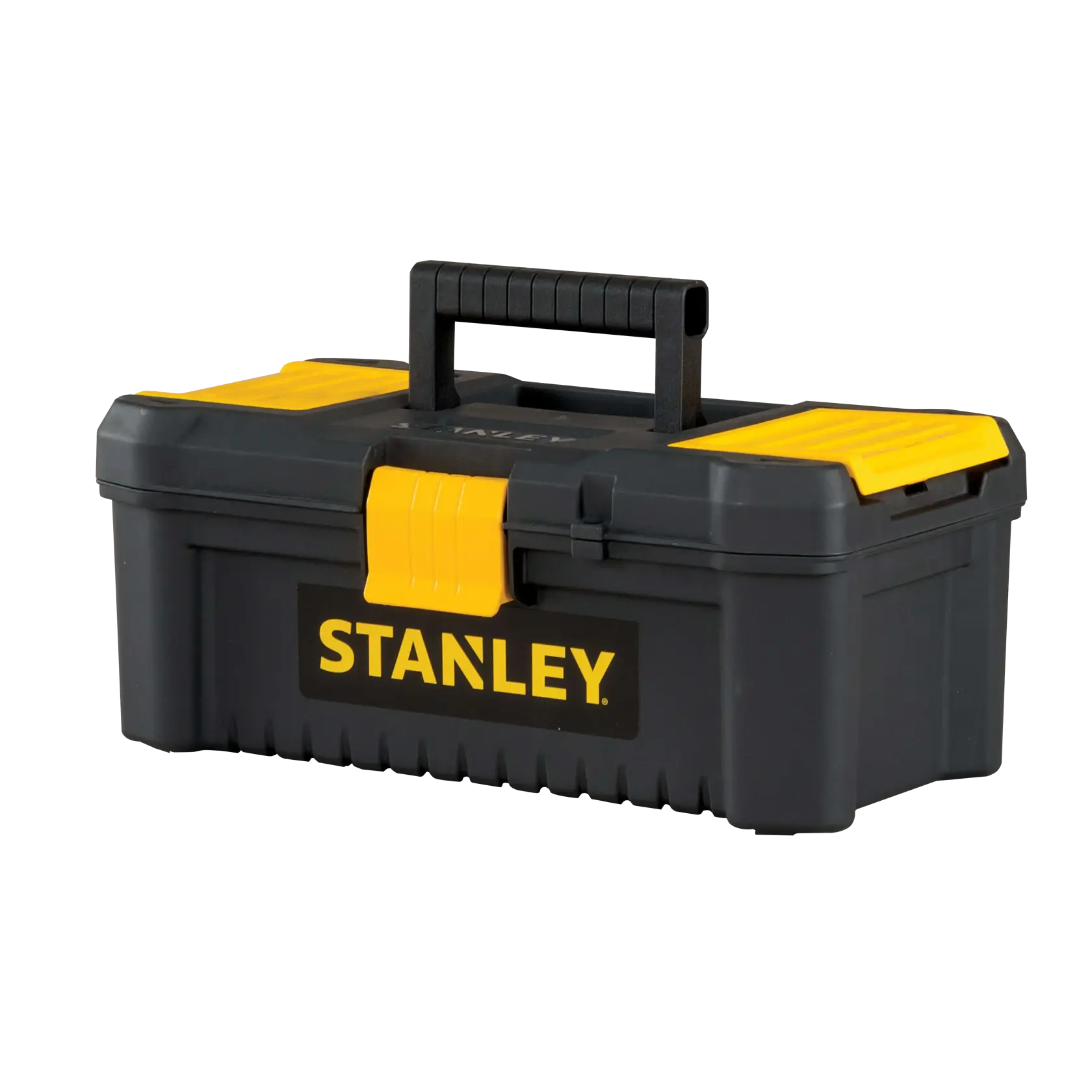 Stanley black and yellow plastic toolbox, angled shot, with handle and secure latch on white background