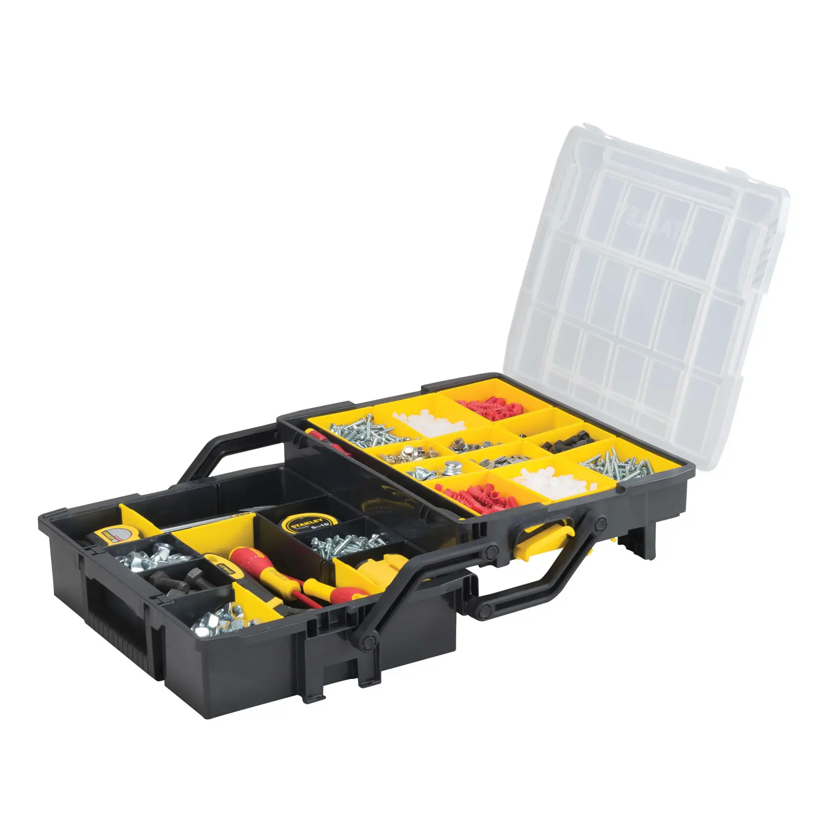 STANLEY black and yellow plastic organizer box with open lid, showing compartments filled with screws and tools, front angle.