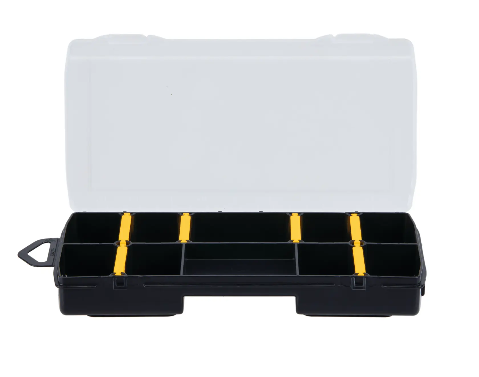 STANLEY black plastic organizer box with clear lid, eight compartments, and yellow dividers, front view on white